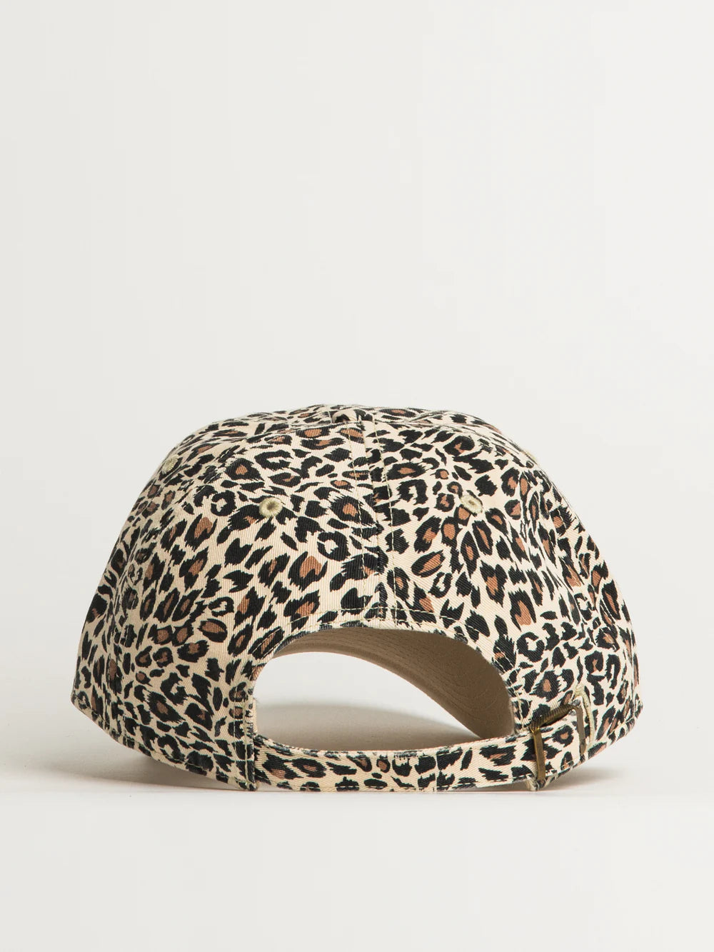 Back view of a leopard print cap with adjustable strap and metal buckle on a plain background.