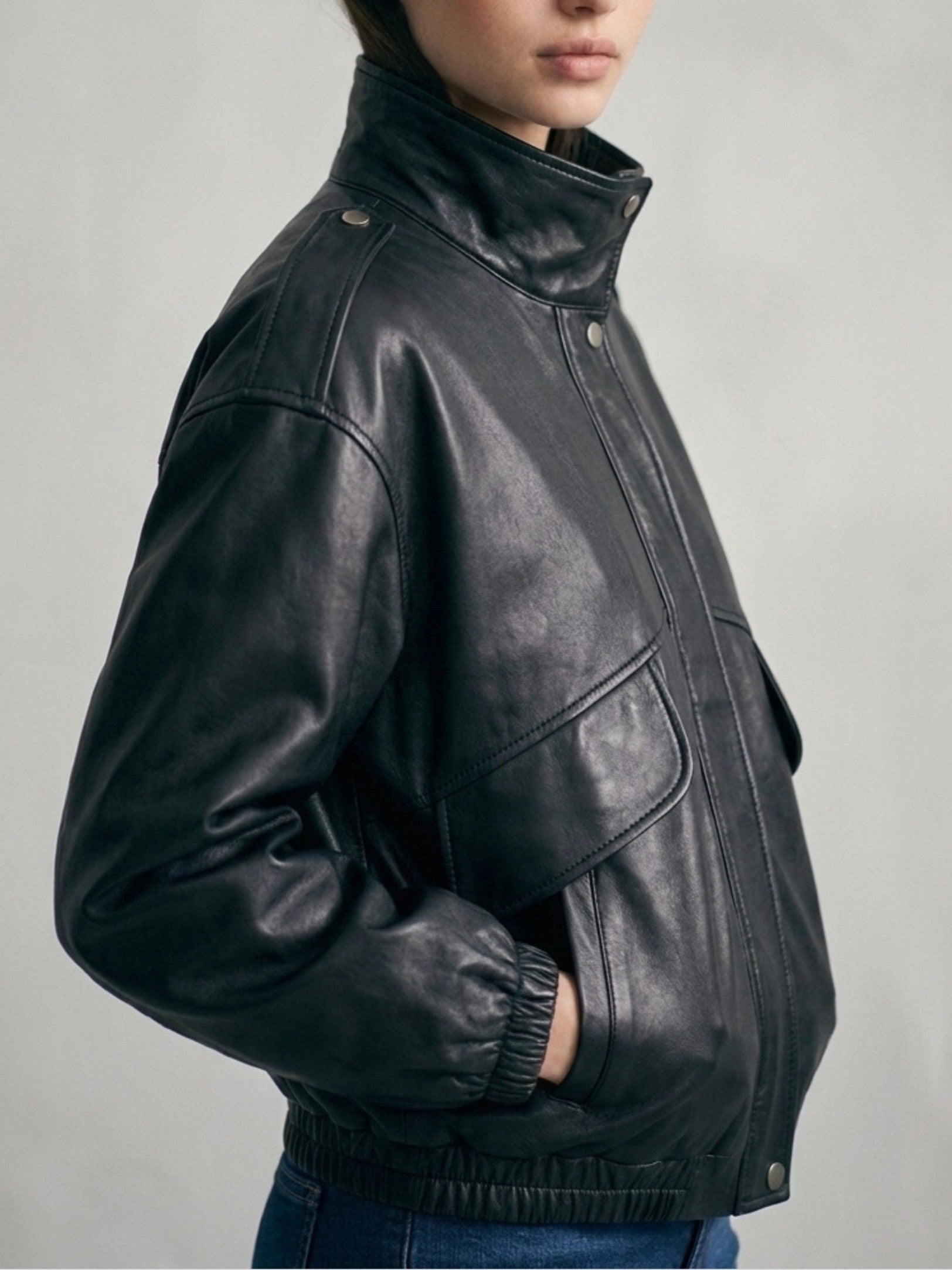 Funnel Neck Faux Leather Jacket