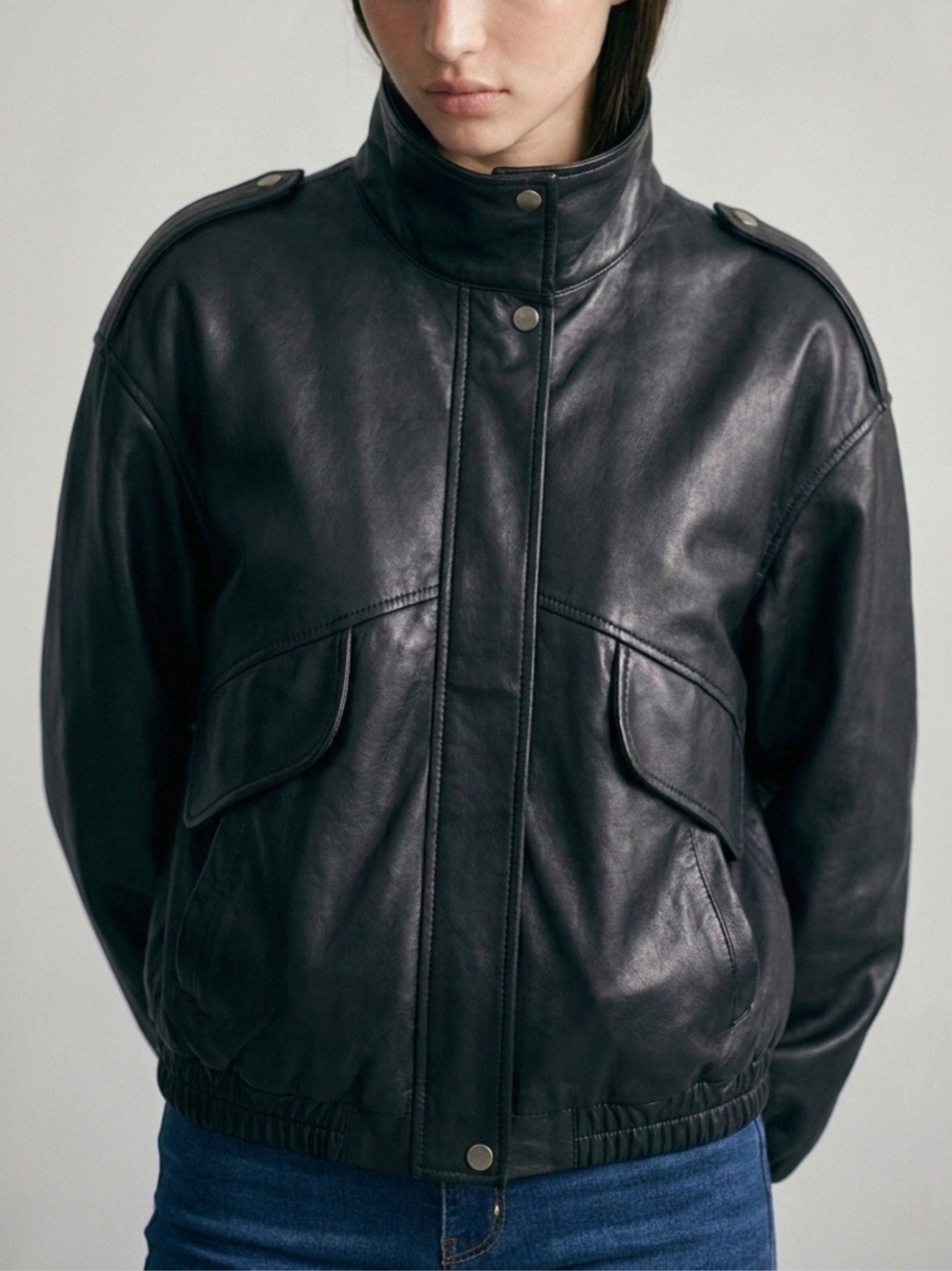 Funnel Neck Faux Leather Jacket