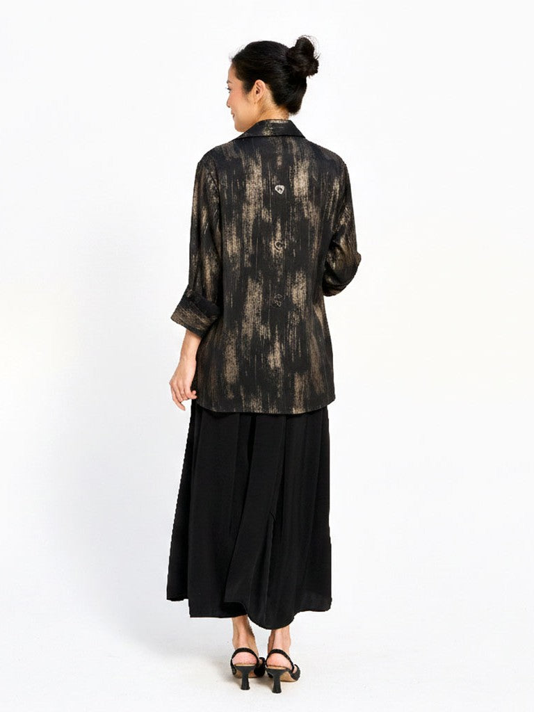 Red Coral Satin Touch High-Low Jacket in black and gold textured outerwear shown from the back