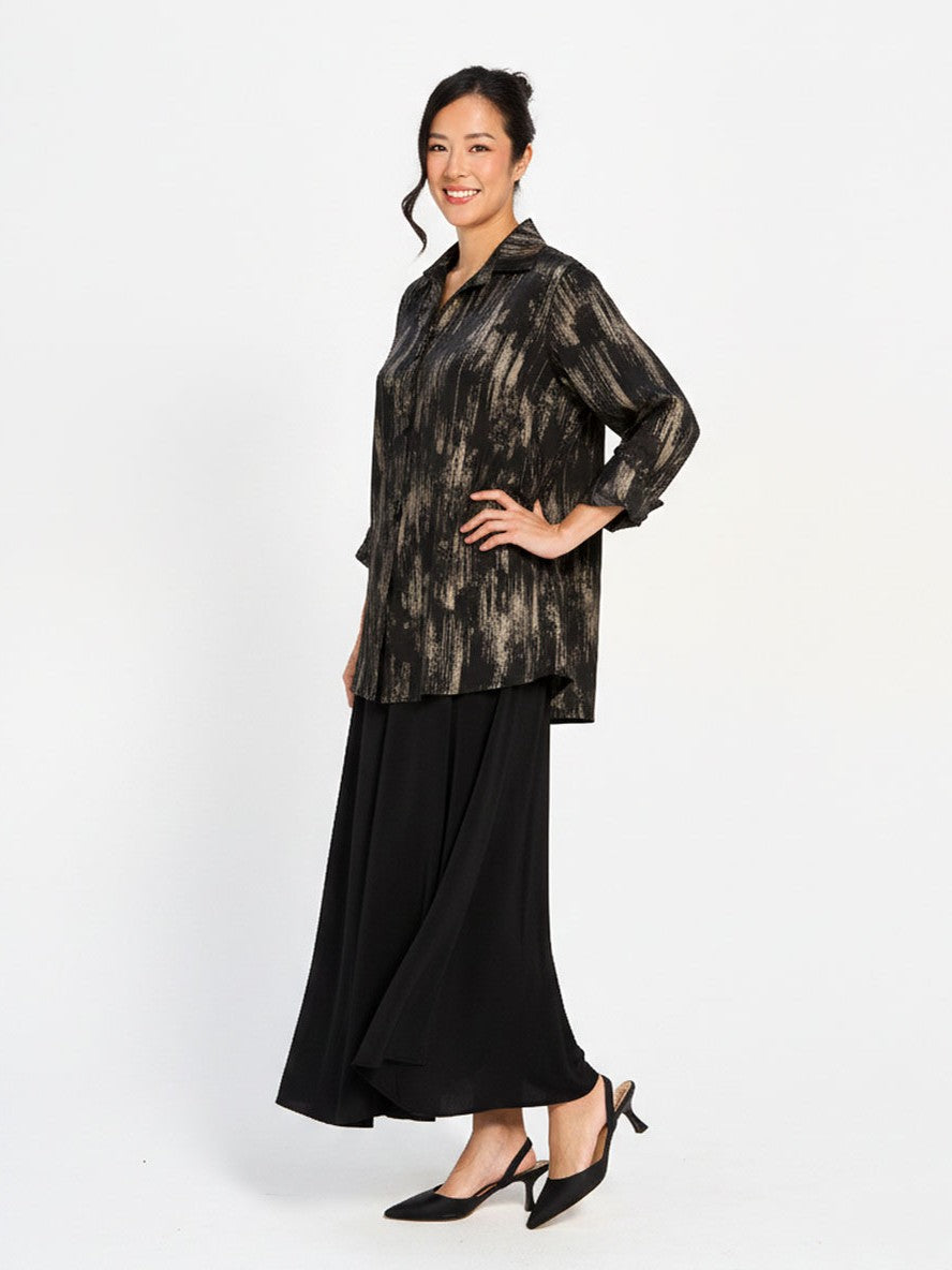 Red Coral Satin Touch High-Low Jacket, black patterned outerwear with collared long sleeves