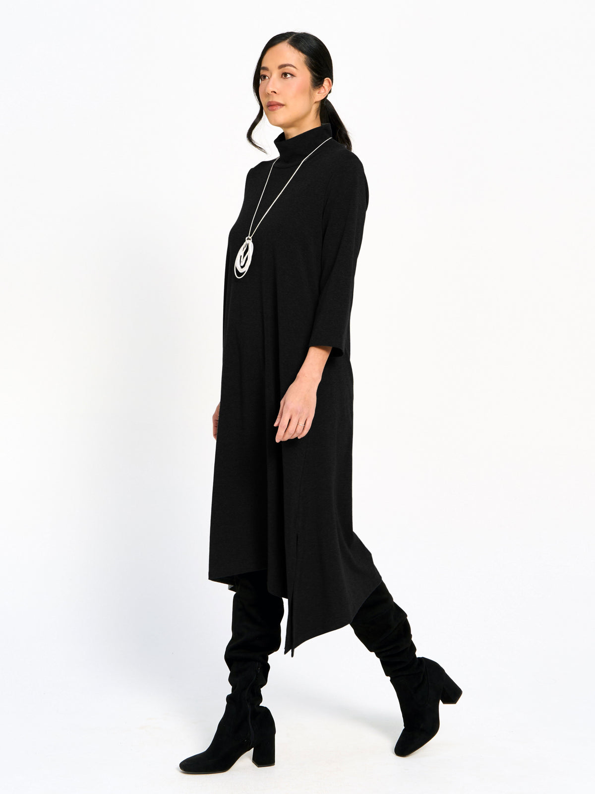 Mock Neck Asymmetrical Side Slit Midi Dress