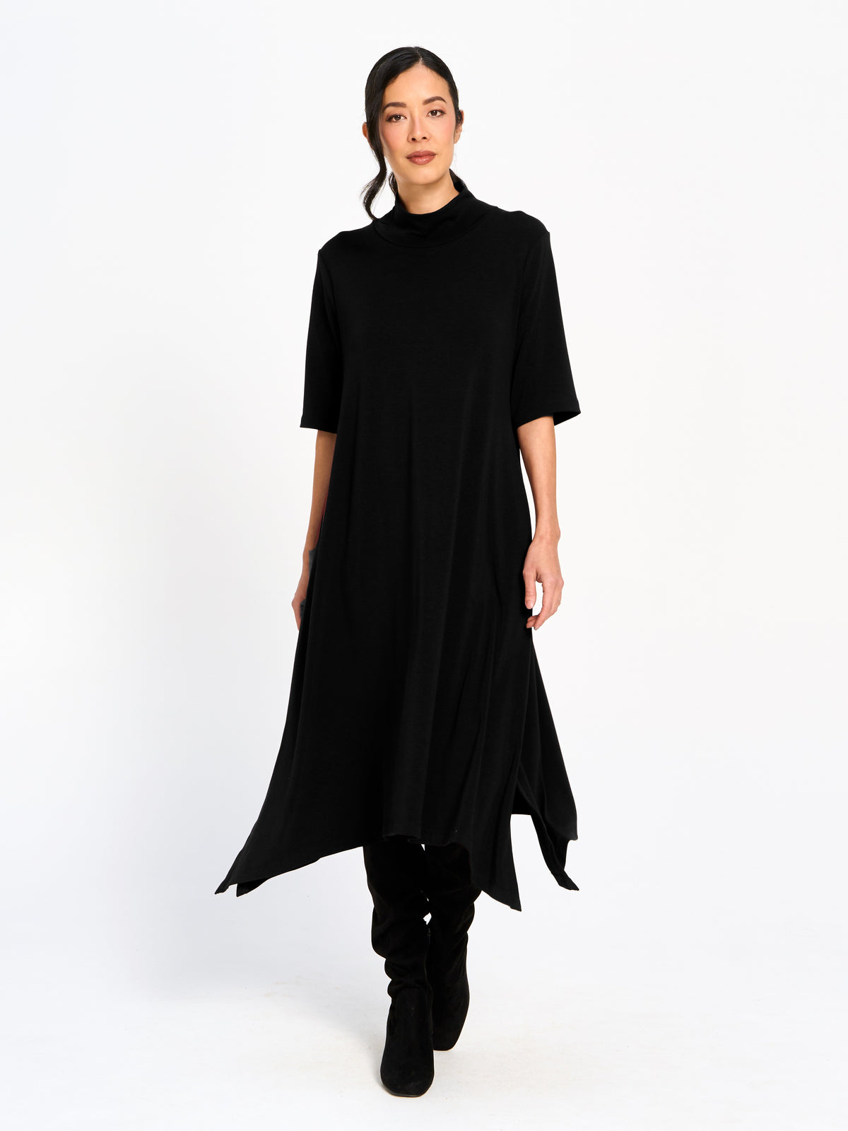 Mock Neck Asymmetrical Side Slit Midi Dress