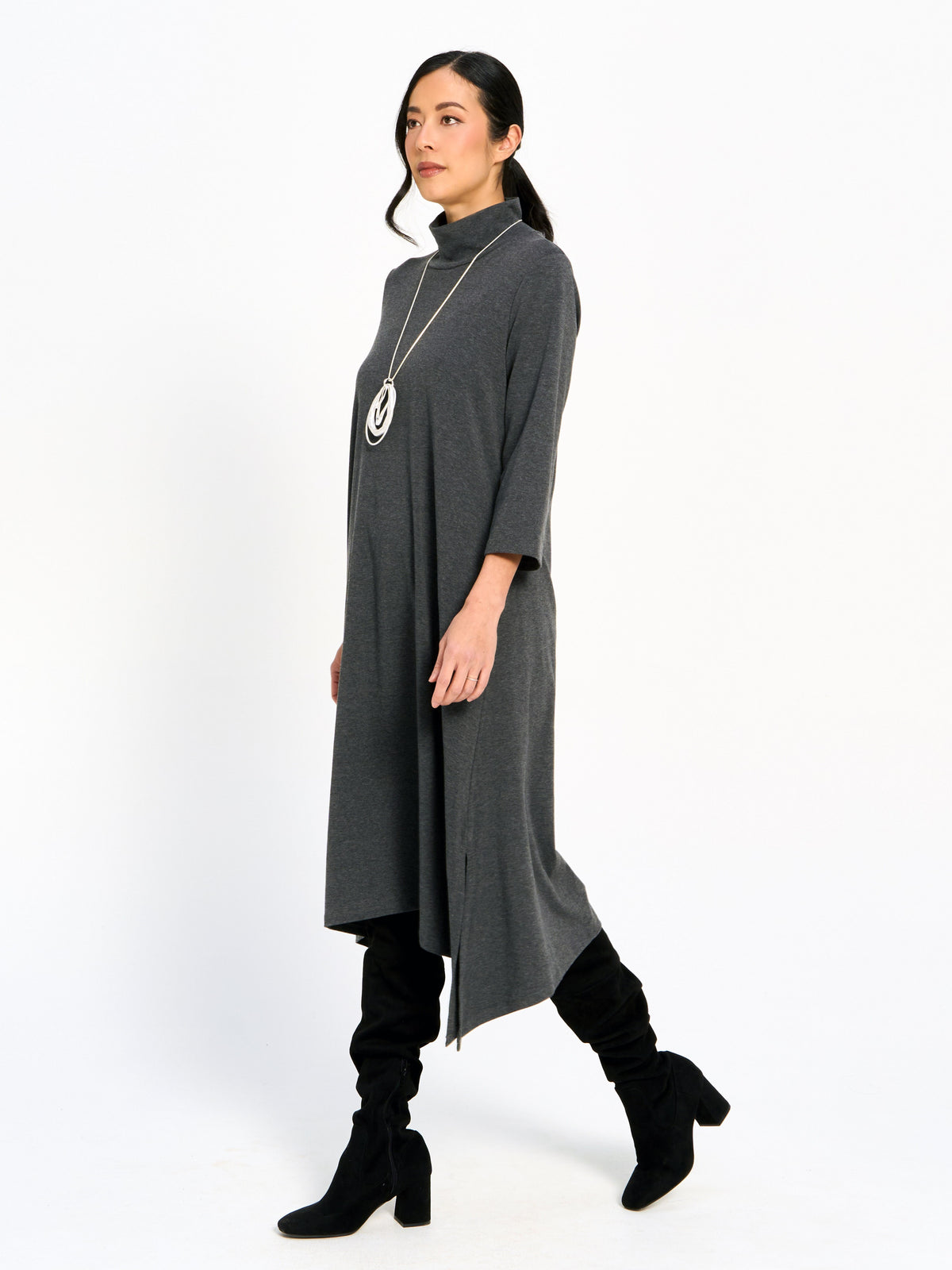 Mock Neck Asymmetrical Side Slit Midi Dress