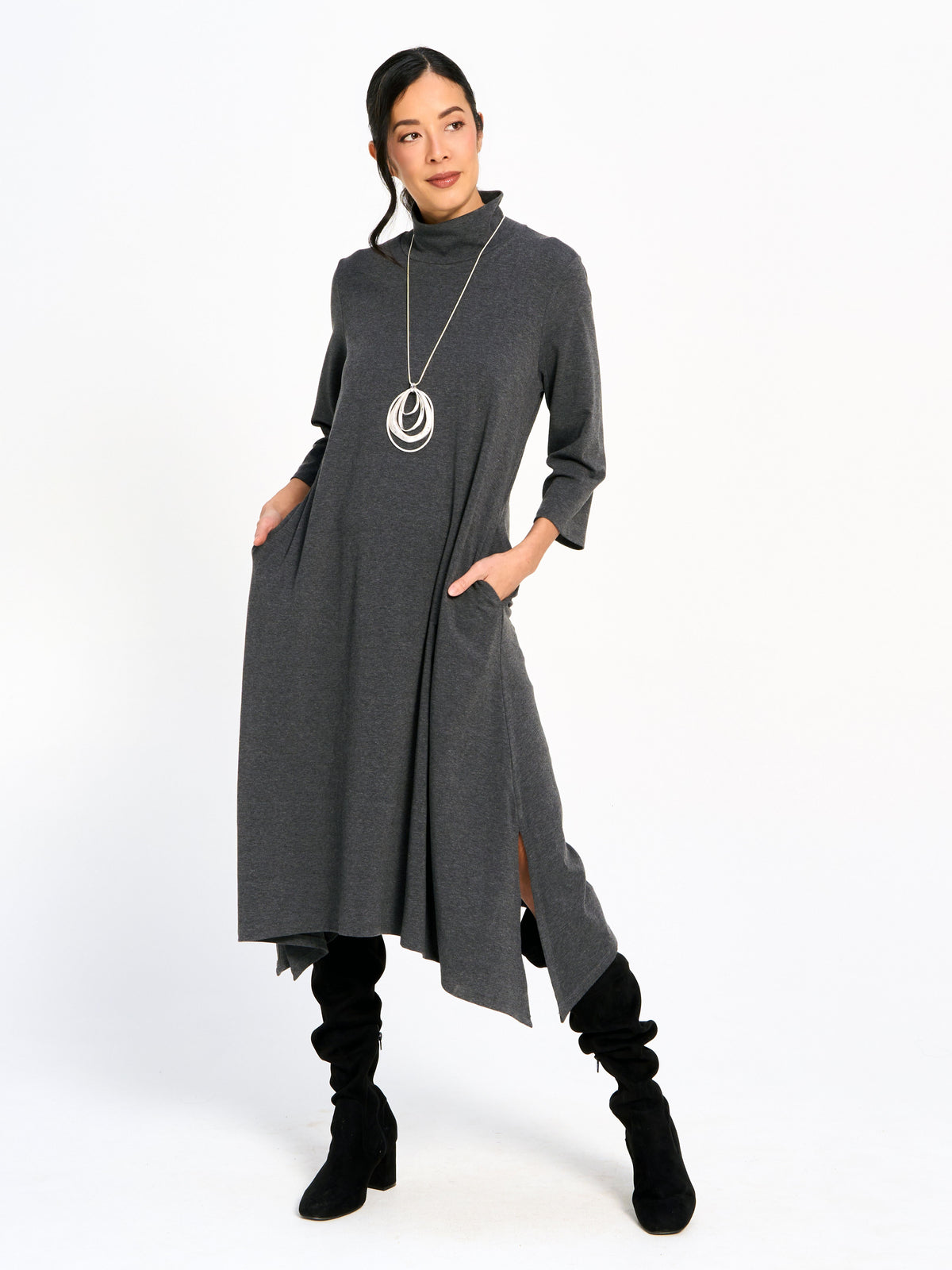 Mock Neck Asymmetrical Side Slit Midi Dress