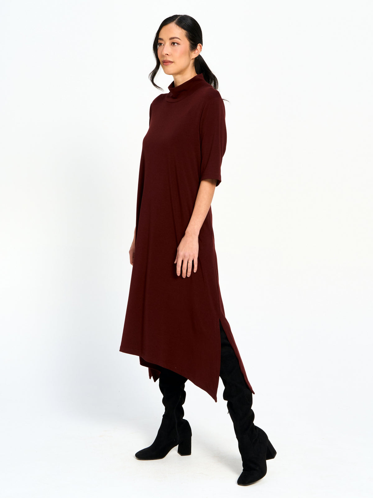 Mock Neck Asymmetrical Side Slit Midi Dress