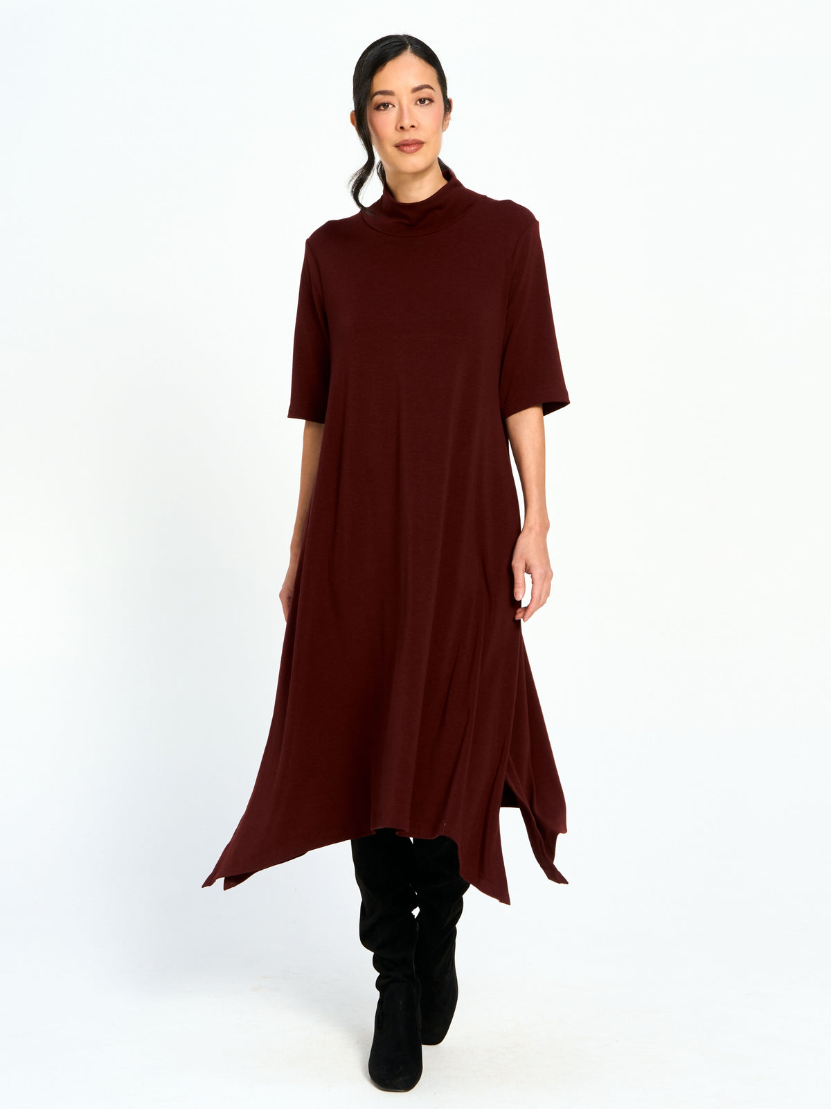 Mock Neck Asymmetrical Side Slit Midi Dress