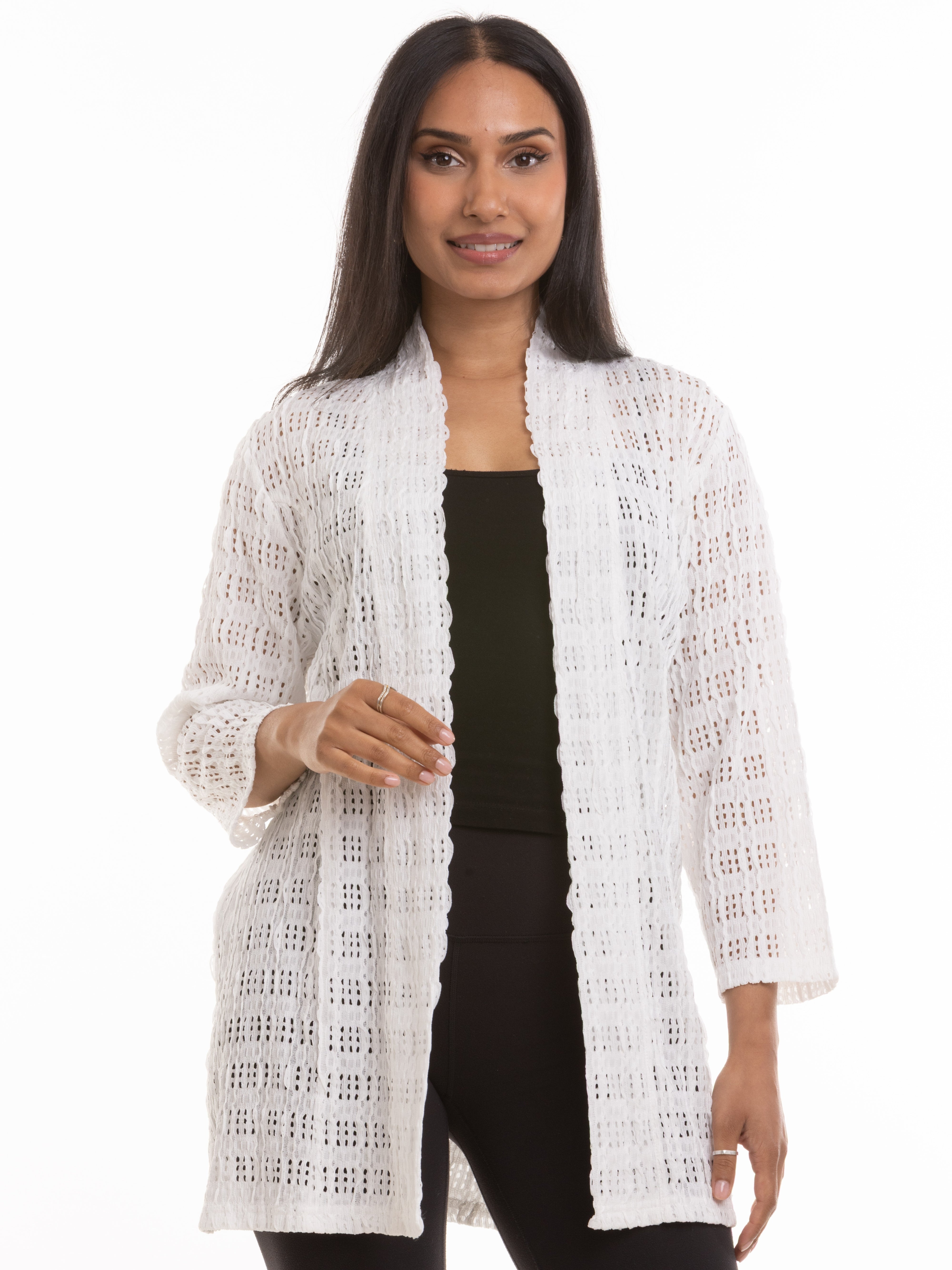Seer Stretch 3/4 Sleeve Open Cardigan by Nulook Fashions, white open knit sweater for layering outerwear.