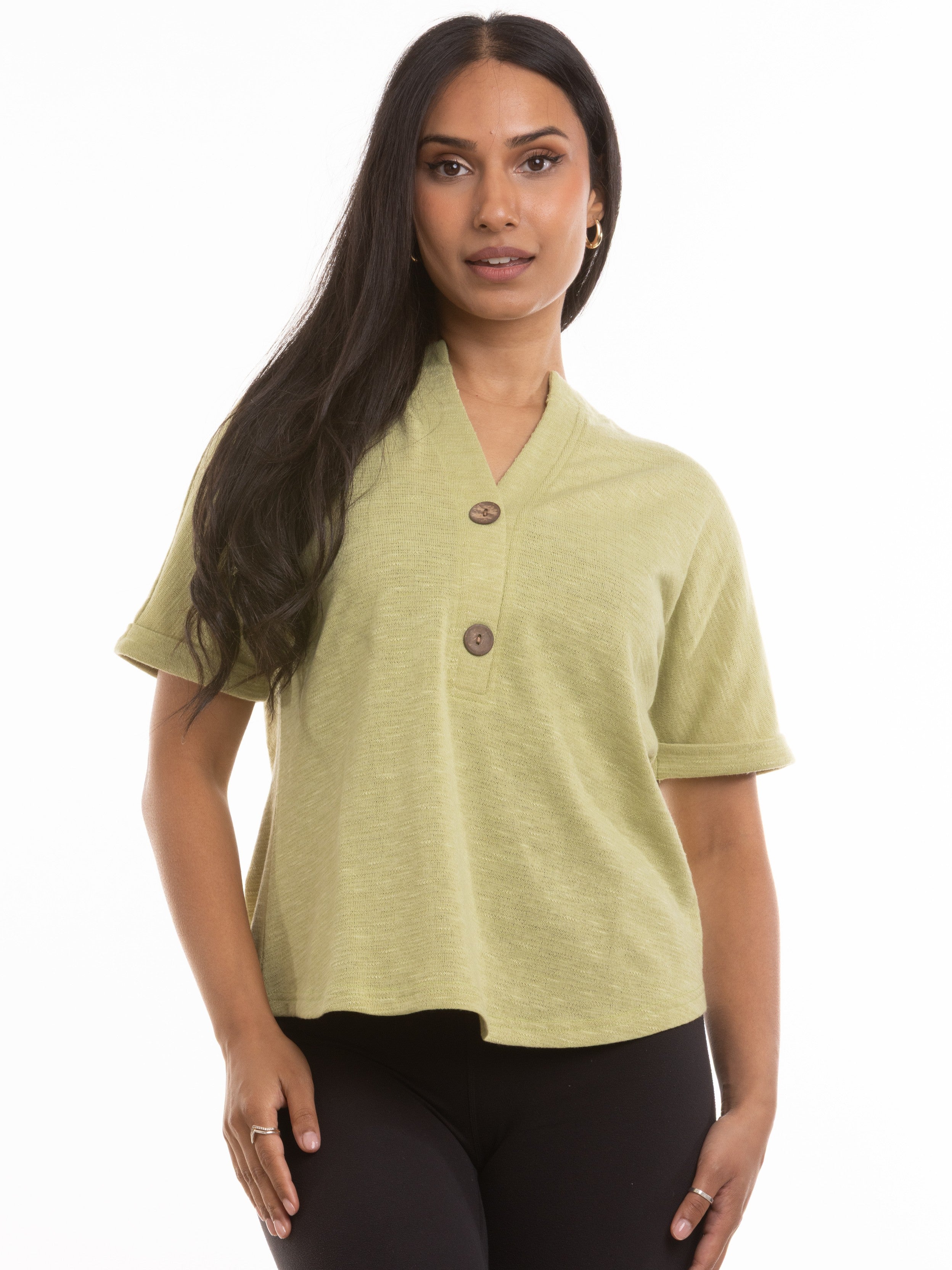 Light green slub fabric Slub Two Button Short Sleeve Johnny Top by Nulook Fashions with a relaxed fit and wooden buttons.