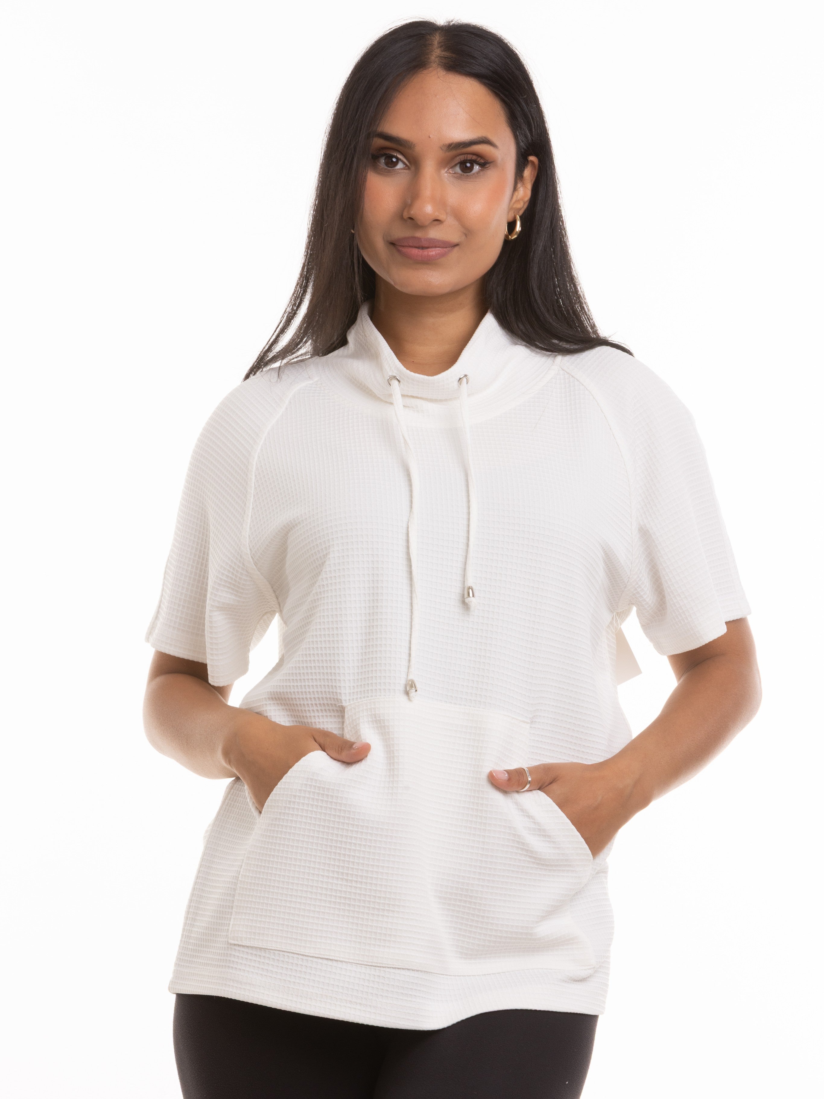 White waffle texture Waffle Cowl Neck Kangaroo Pocket Top from Nulook Fashions with short sleeves and drawstring neck