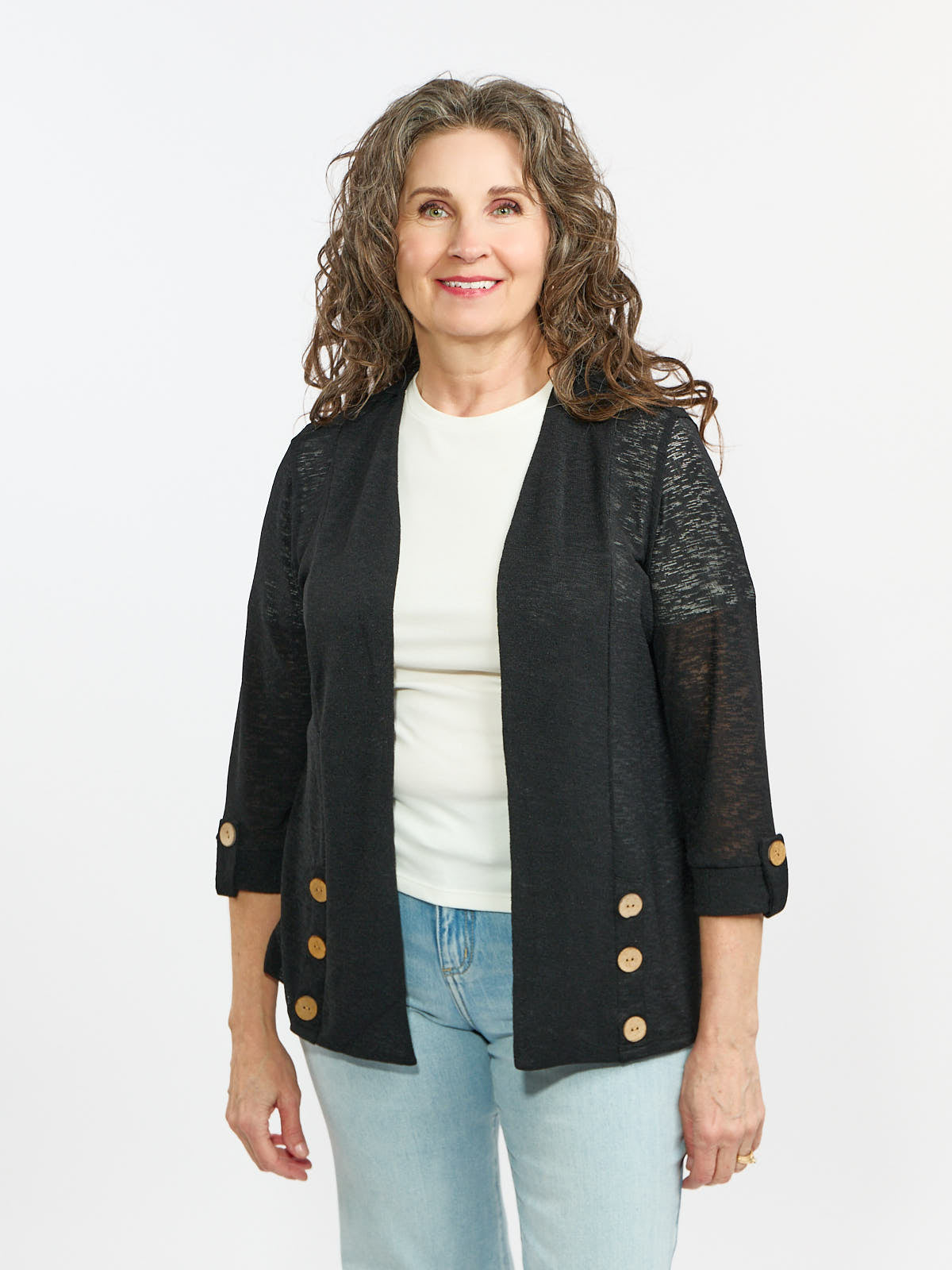 Linen Side Button Slub Cardigan by Nulook Fashions in black, featuring wooden buttons and lightweight knit fabric.