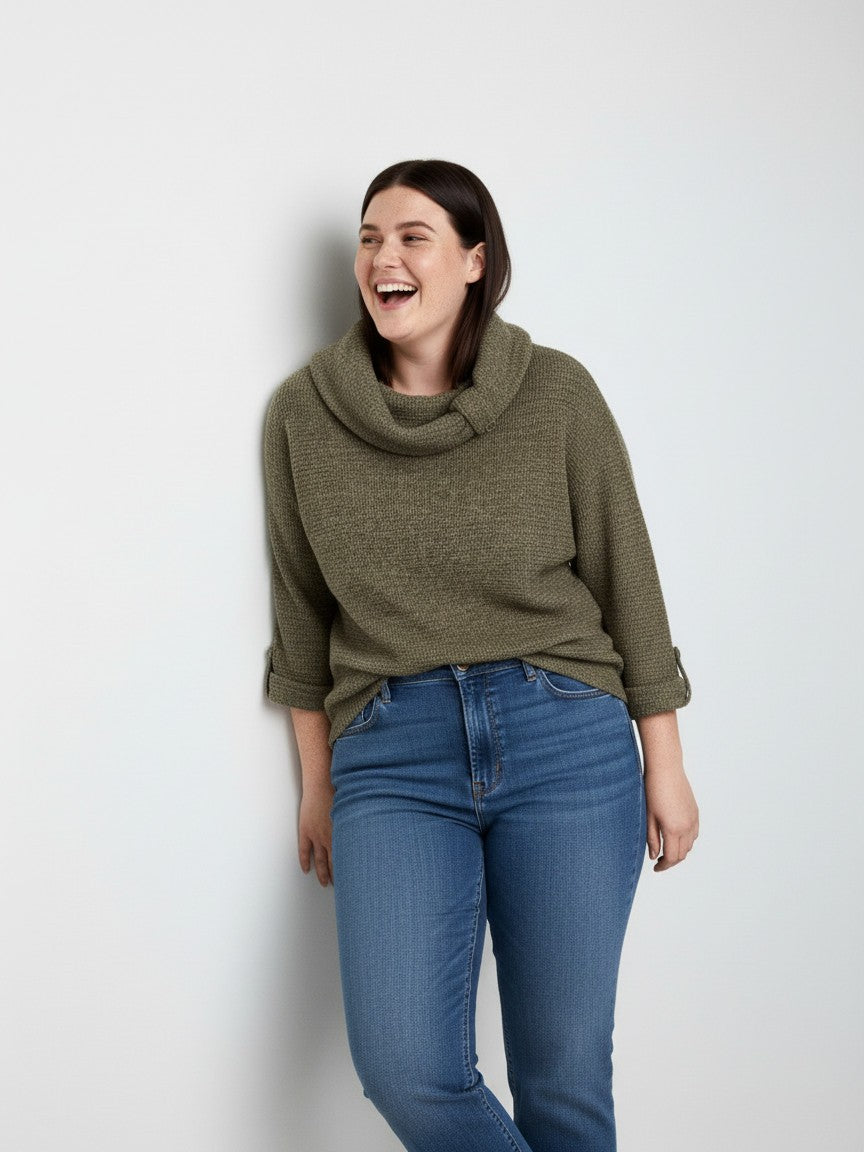 Hacci Textured Roll Sleeve Tab Collar Top