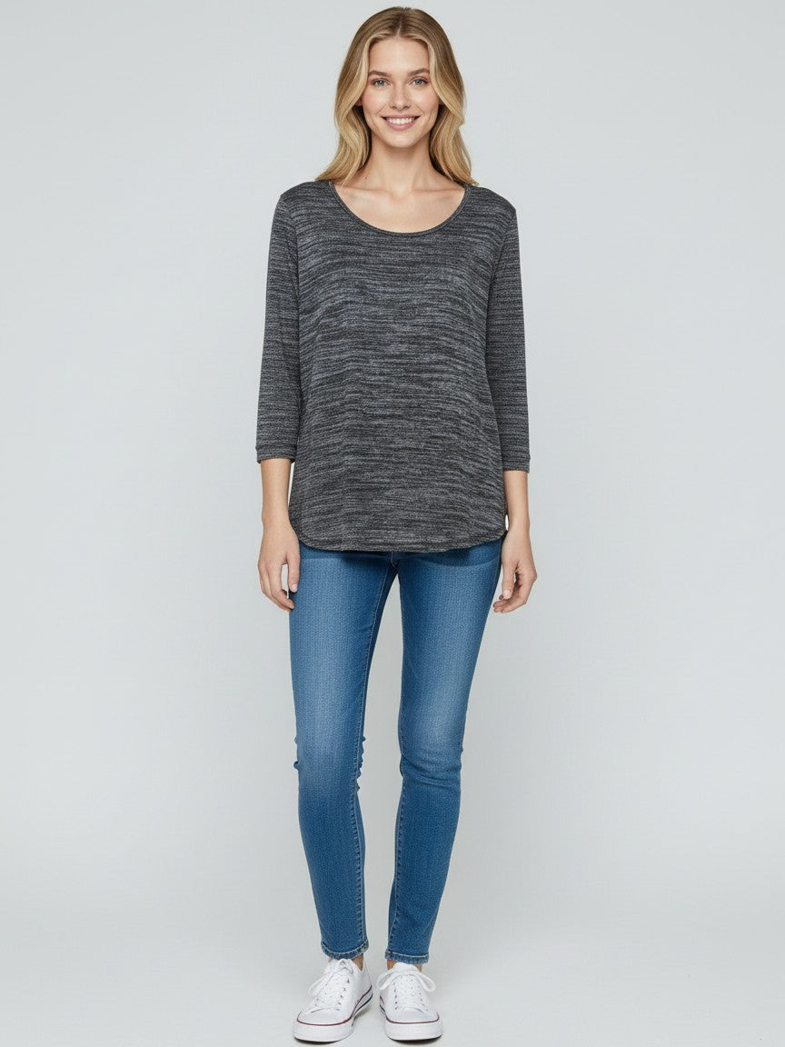 Hacci Blurred Stripe 3/4 Sleeve Crew Neck Top