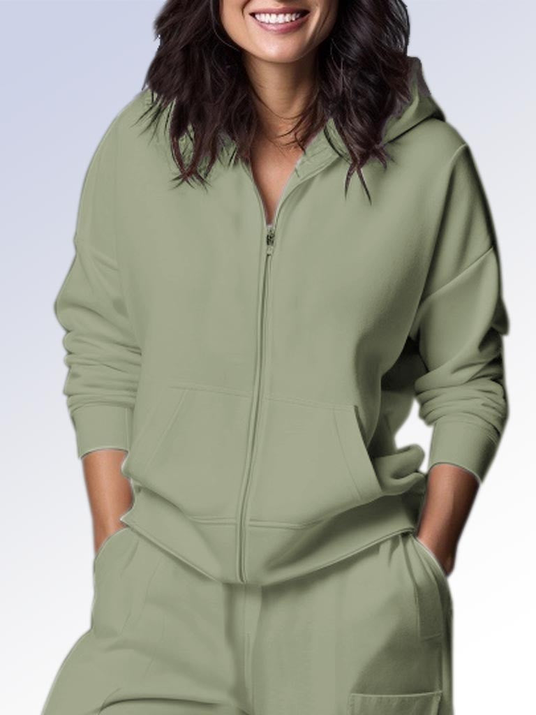Point Zero Carly Front Zip Hoodie in soft sage green, casual zip-up outerwear top by Point Zero