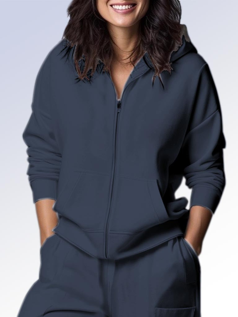 Dark navy casual zip-up hoodie with front pockets and hood, Point Zero Carly Front Zip Hoodie by Point Zero