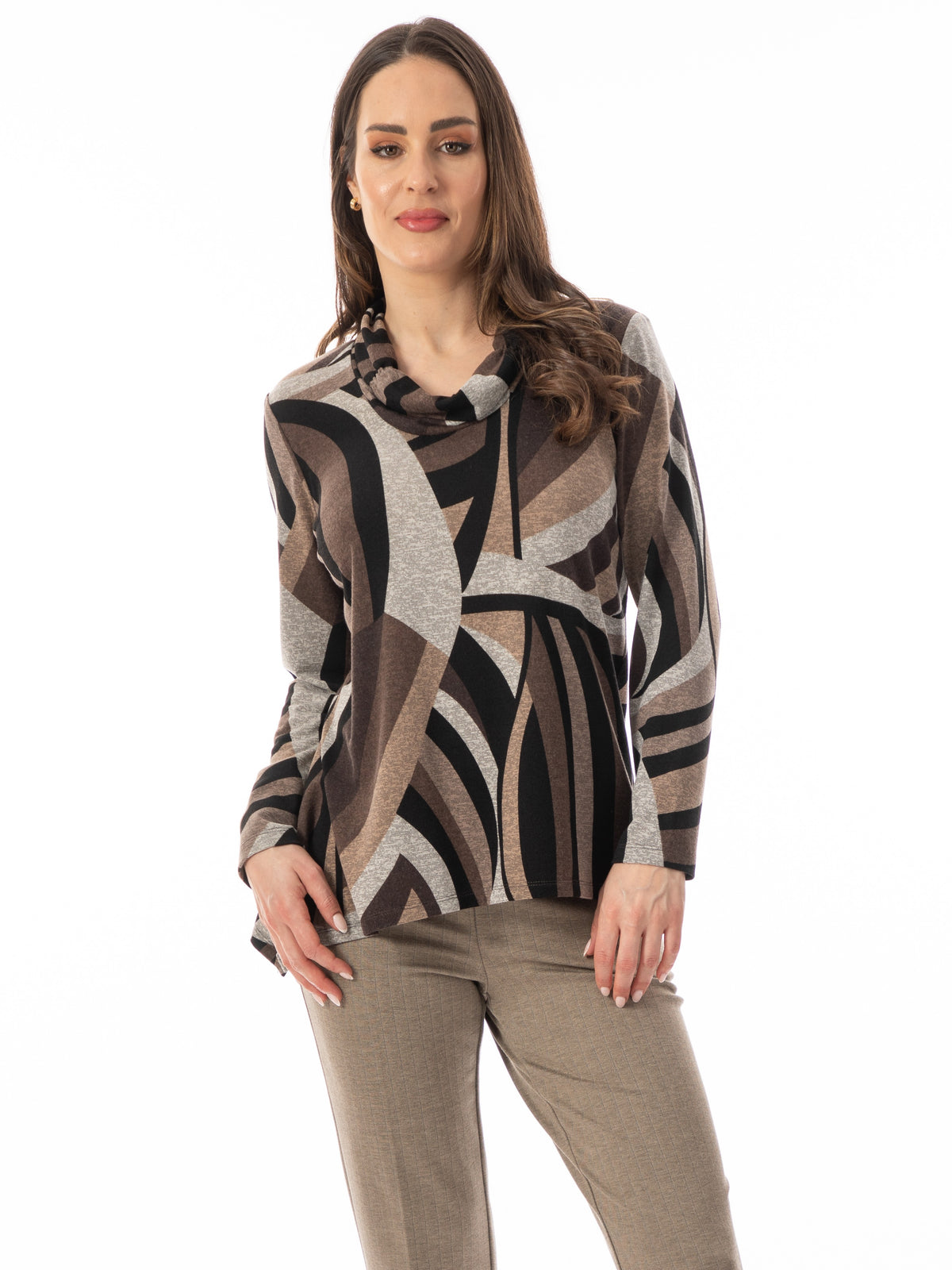 Hacci Geo Print Cowl Neck Long Sleeve Top