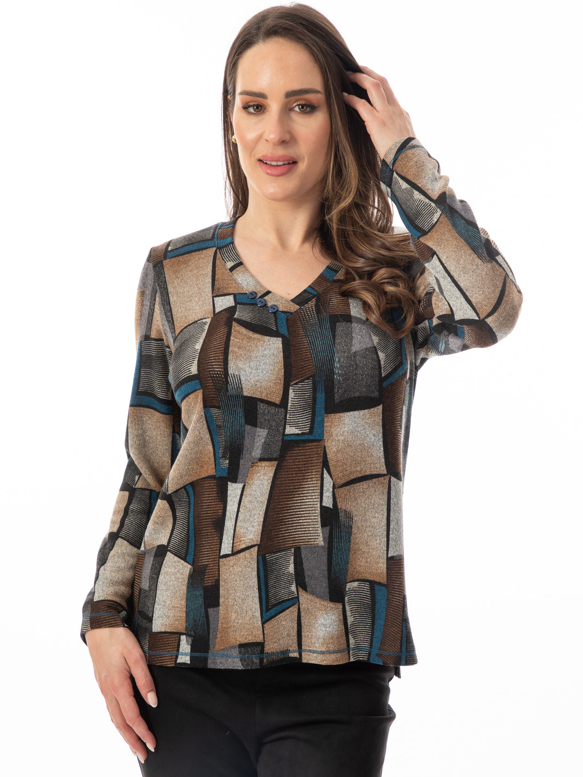 Hacci Geo Print 3-Button V-Neck Long Sleeve Top