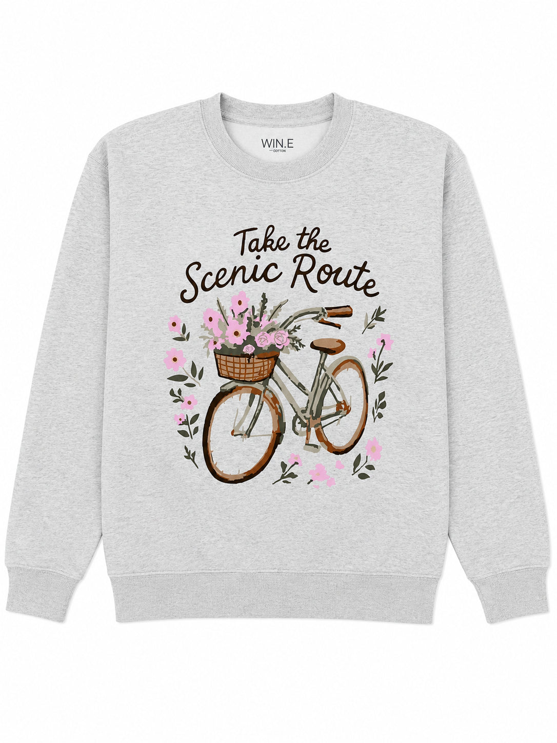 Scenic Route Graphic Crewneck by Win.E with bicycle and pink floral design on light gray sweater top.