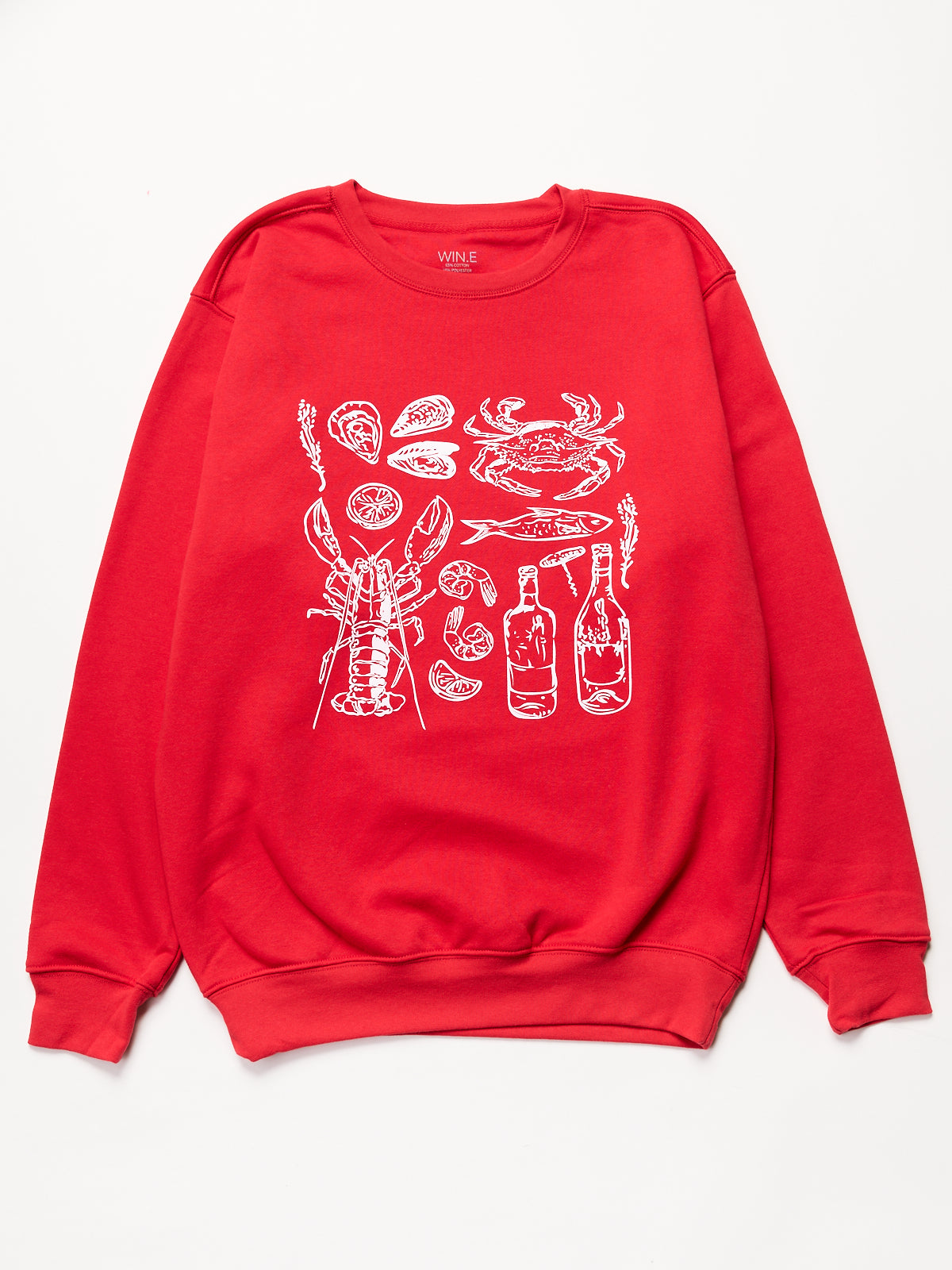 Red Seafood Dinner Graphic Crewneck Sweatshirt by Win.E featuring white seafood and beverage illustrations, casual cotton sweater.