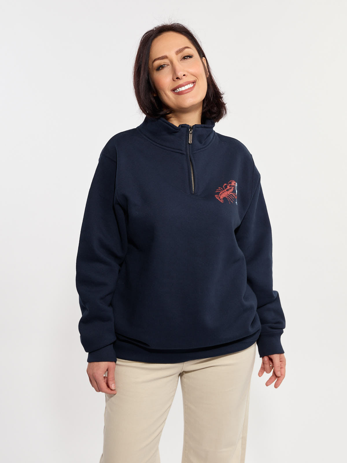 Navy Women’s Seafood Bar Graphic Quarter Zip Pullover with lobster print by Win.E, casual sweater outerwear top