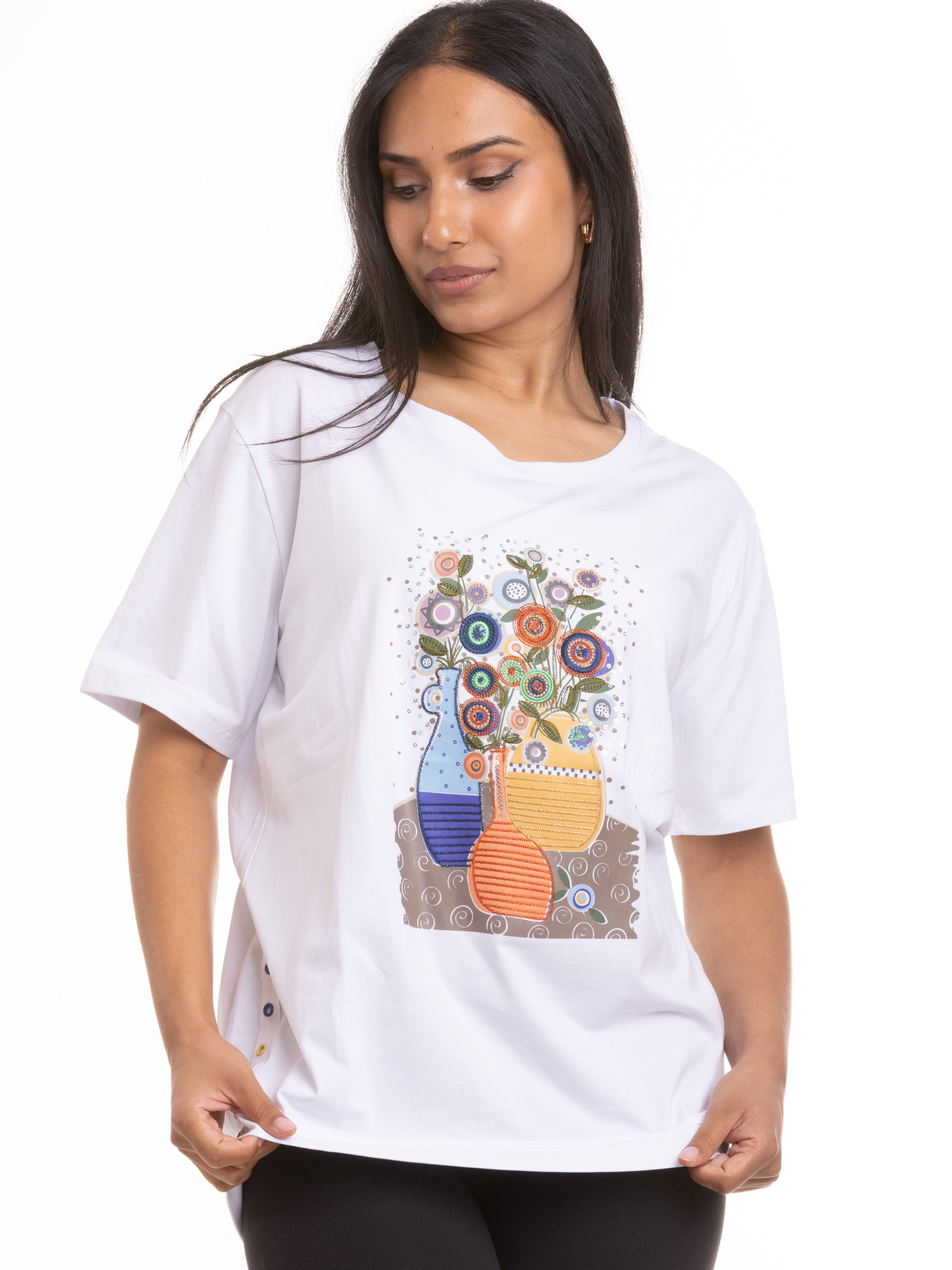 White Pottery Art Cotton Graphic Short Sleeve Tee by Nulook Fashions featuring colorful vase and flower design.