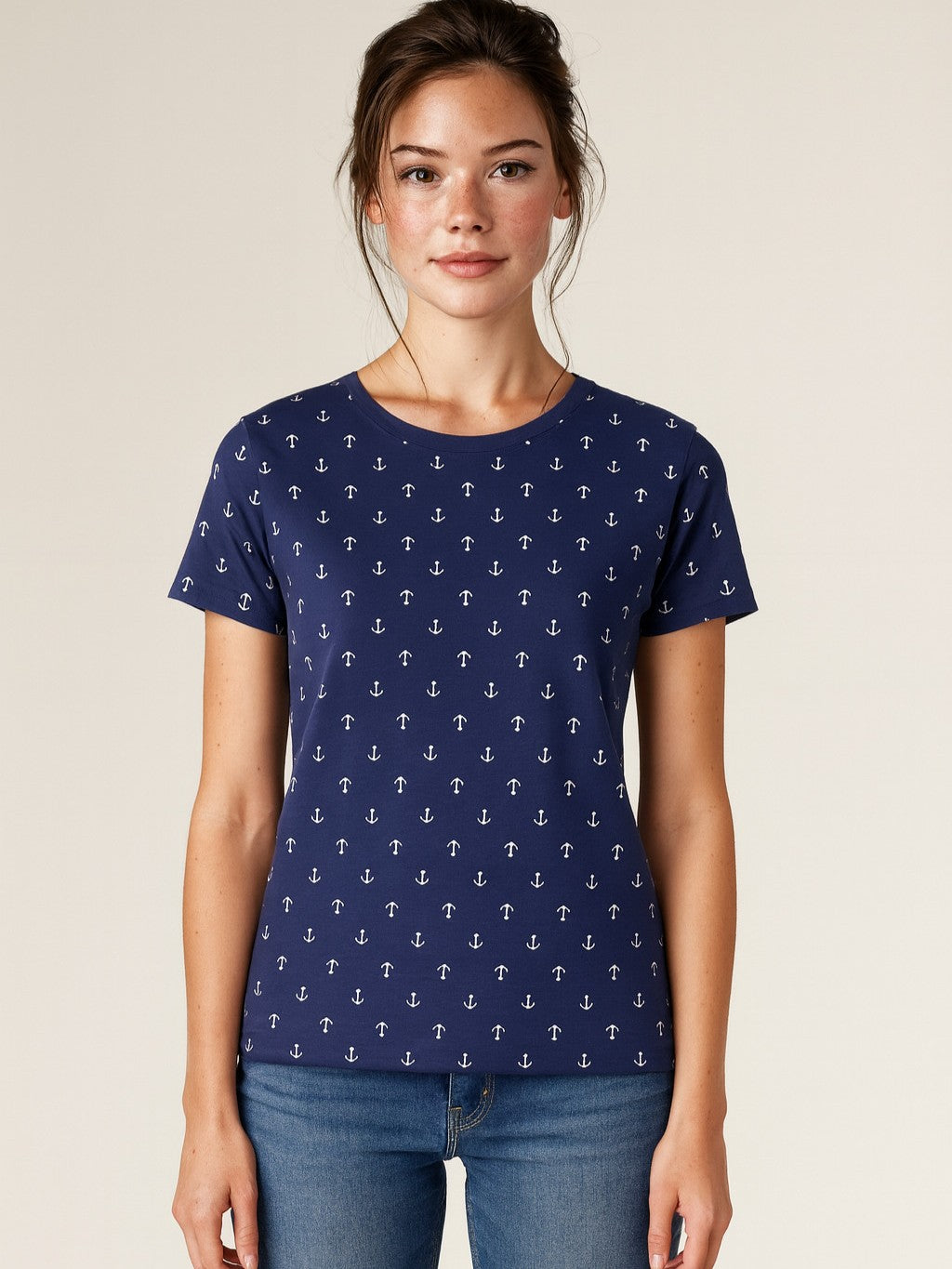 Navy blue Anchors Away Printed Short Sleeve Tee with white anchor pattern by Nulook Fashions, paired with denim jeans.