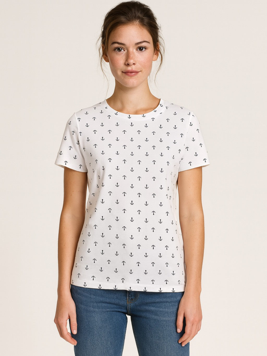 Anchors Away Printed Short Sleeve Tee by Nulook Fashions, white cotton top with navy anchor print and short sleeves