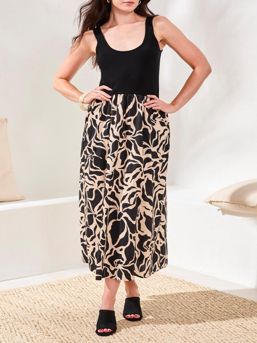Tribal Femme Mixed-Media Sleeveless Maxi Dress by Tribal Sportswear Inc. with black top and patterned skirt