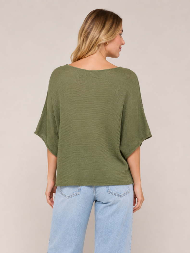 Back view of loose-fitting olive green knit top paired with light blue denim jeans against a neutral background.