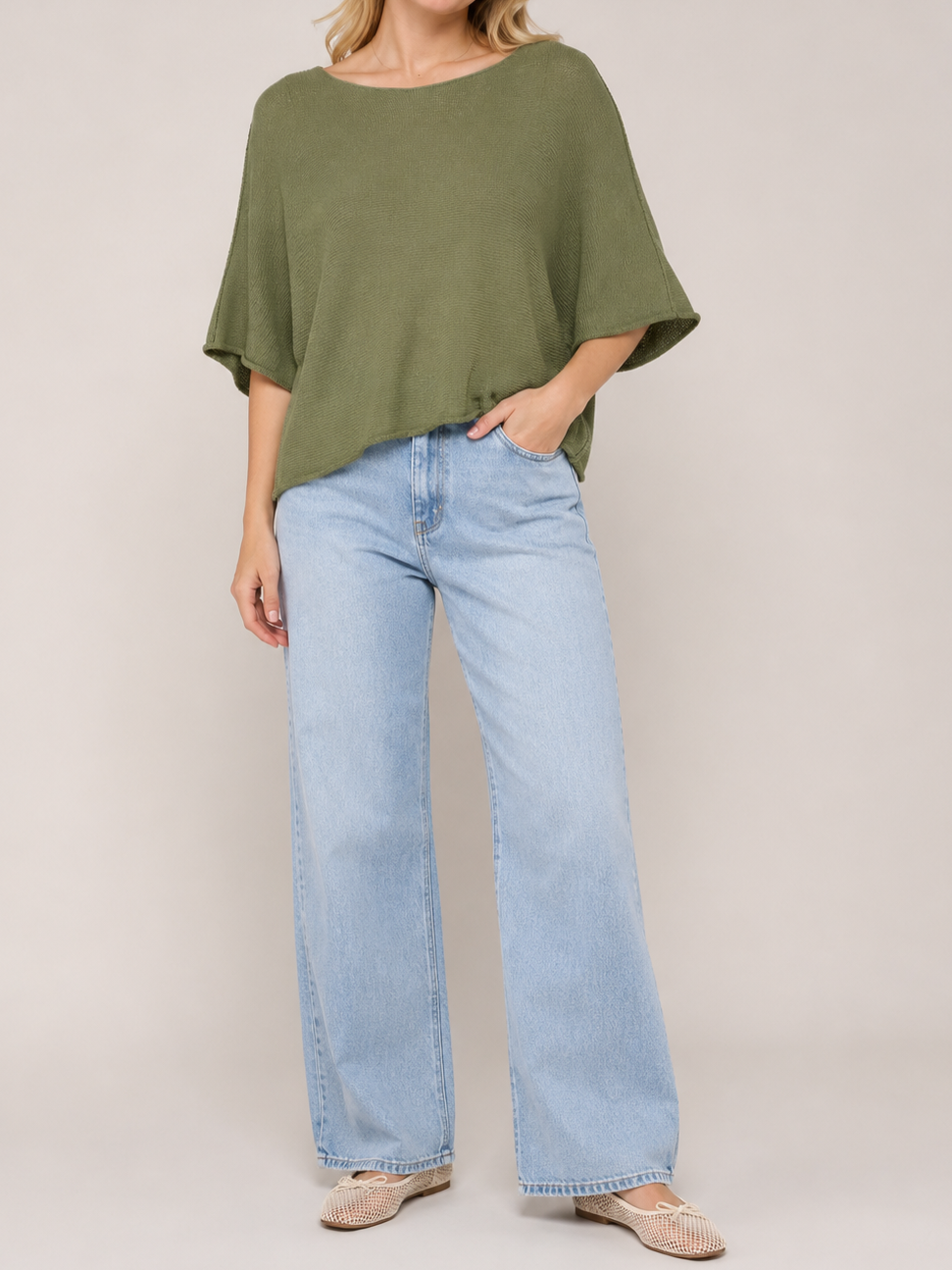 Pop Me Over Oversized 3/4 Sleeve Knit Top by Plum Loco in sage green paired with light denim wide-leg jeans.