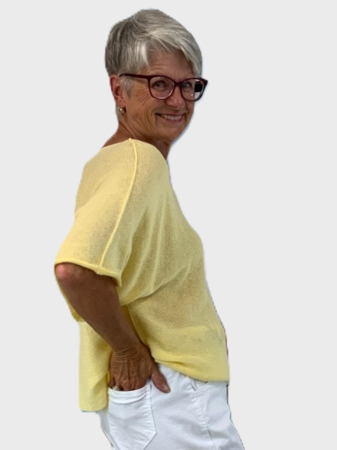 Yellow Pop Me Over Oversized 3/4 Sleeve Knit Top by Plum Loco styled with white bottoms and glasses