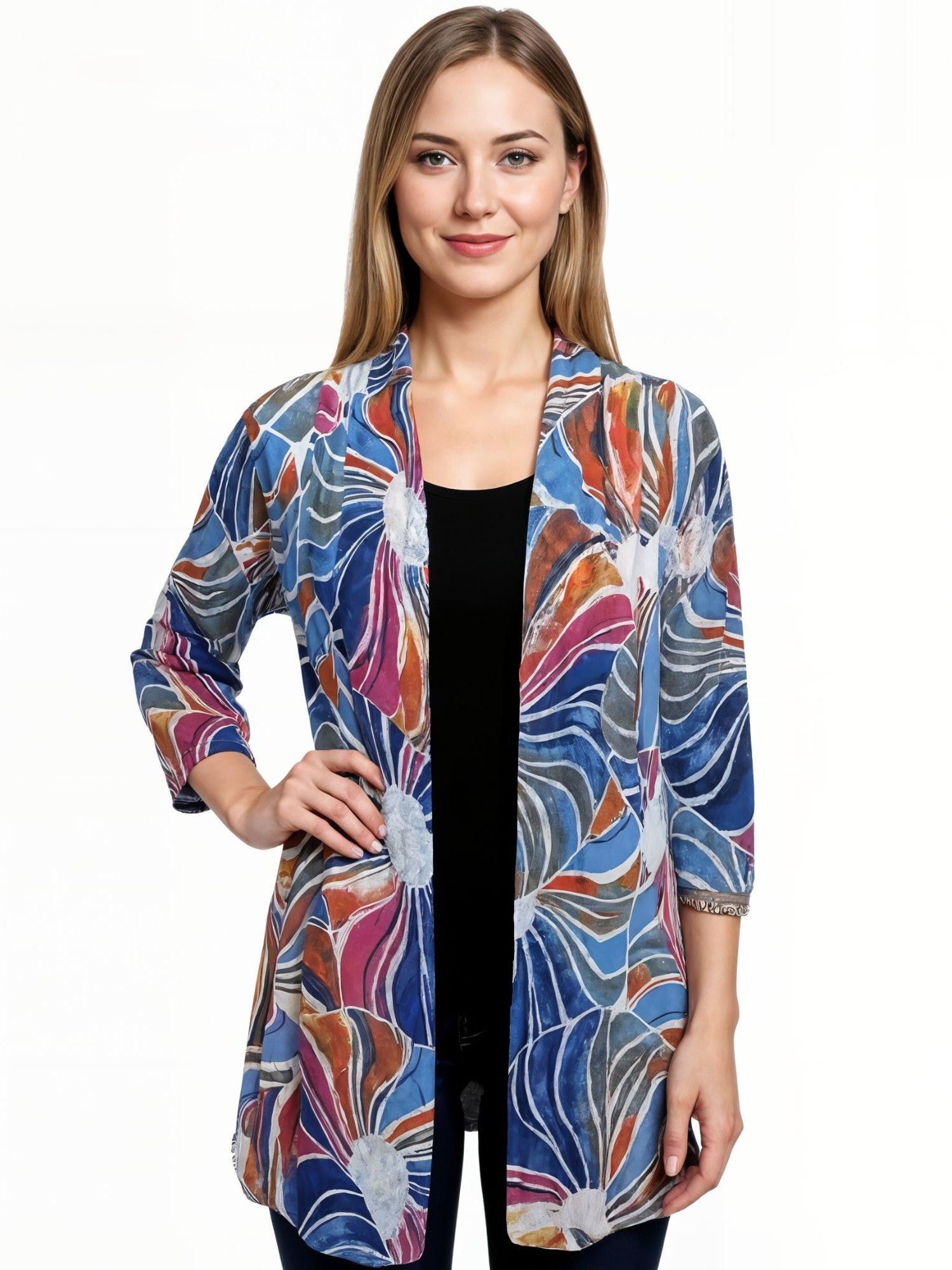 Creation Printed Mesh 3/4 Sleeve Open Front Cardigan by Creations in colorful floral pattern, lightweight outerwear sweater.