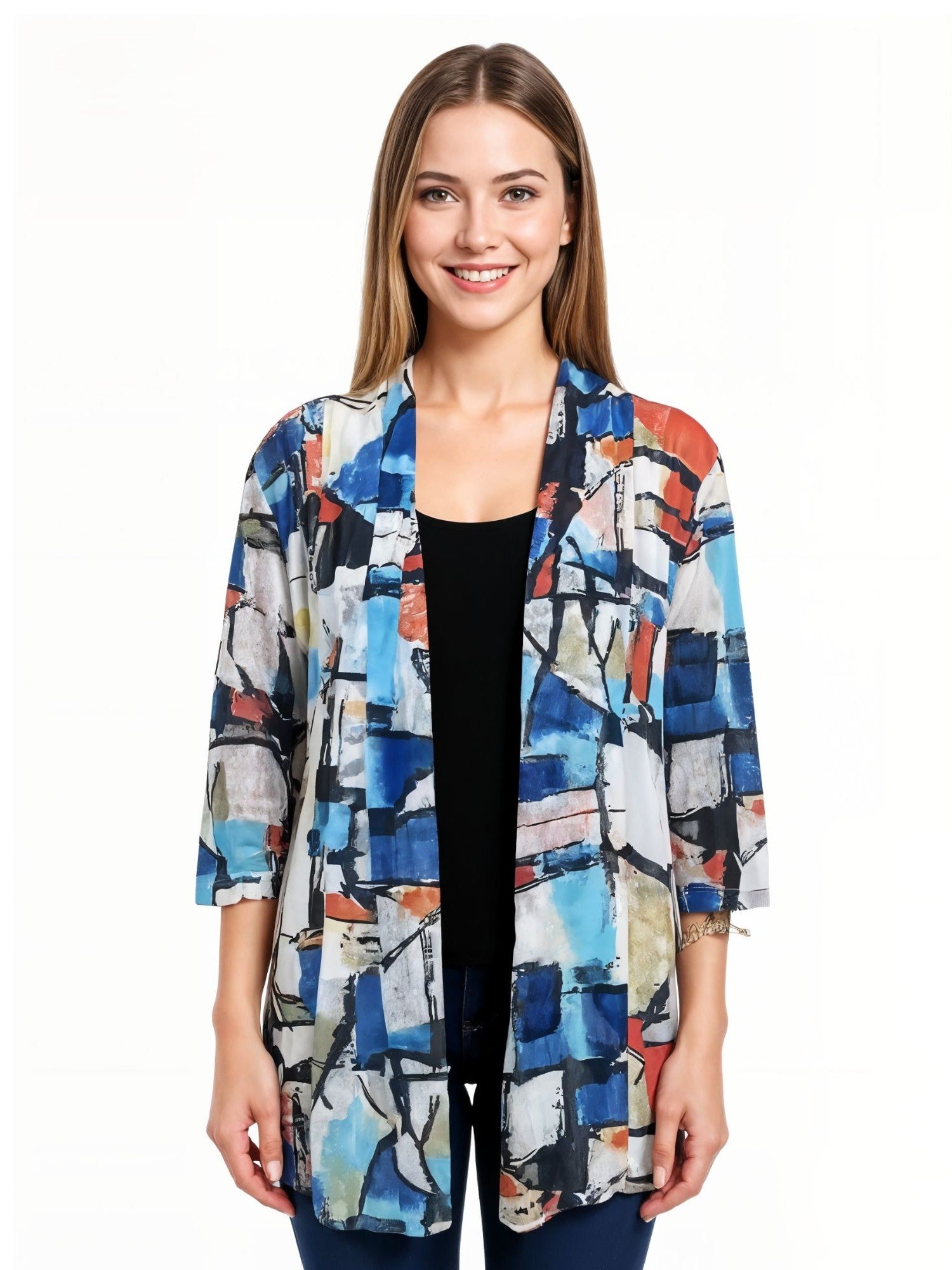 Creation Printed Mesh 3/4 Sleeve Open Front Cardigan by Creations in multicolor geometric print, lightweight outerwear top