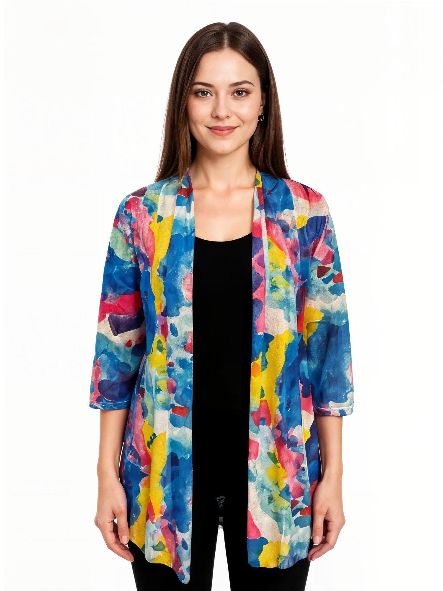 Creation Printed Mesh 3/4 Sleeve Open Front Cardigan by Creations in vibrant multicolor, lightweight outerwear top.