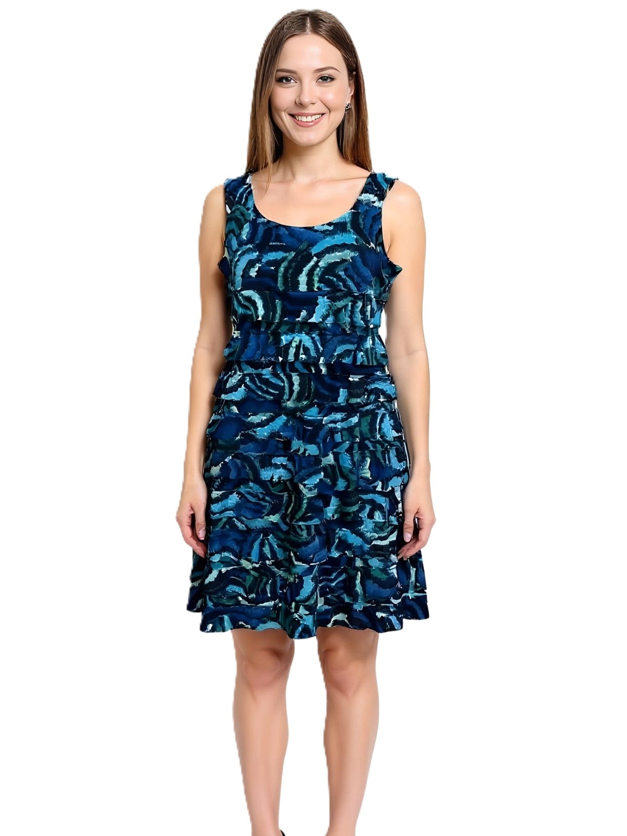 Creation Mango Ruffle Tiered Sleeveless Dress in blue pattern by Creations, featuring a sleeveless design and tiered ruffles.