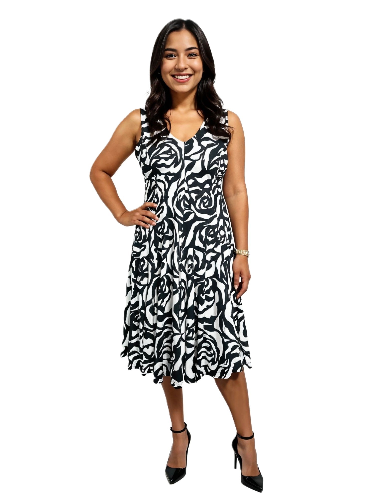 Creation Karla Sleeveless Floral V-Neck Dress from Creations in black and white floral pattern with a flowy skirt design