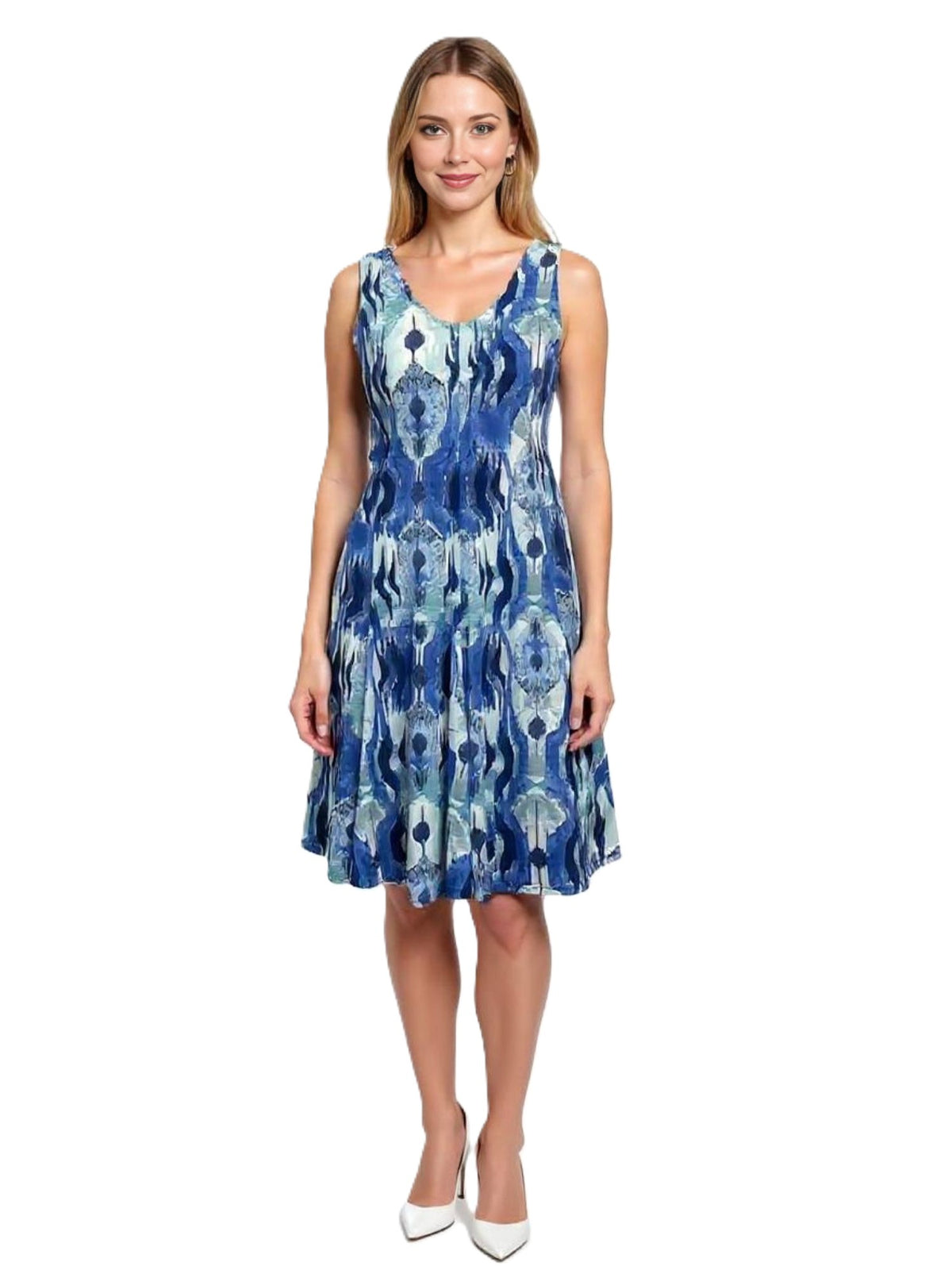 Creation Karla Sleeveless Floral V-Neck Dress in blue floral pattern by Creations, elegant summer style dress.