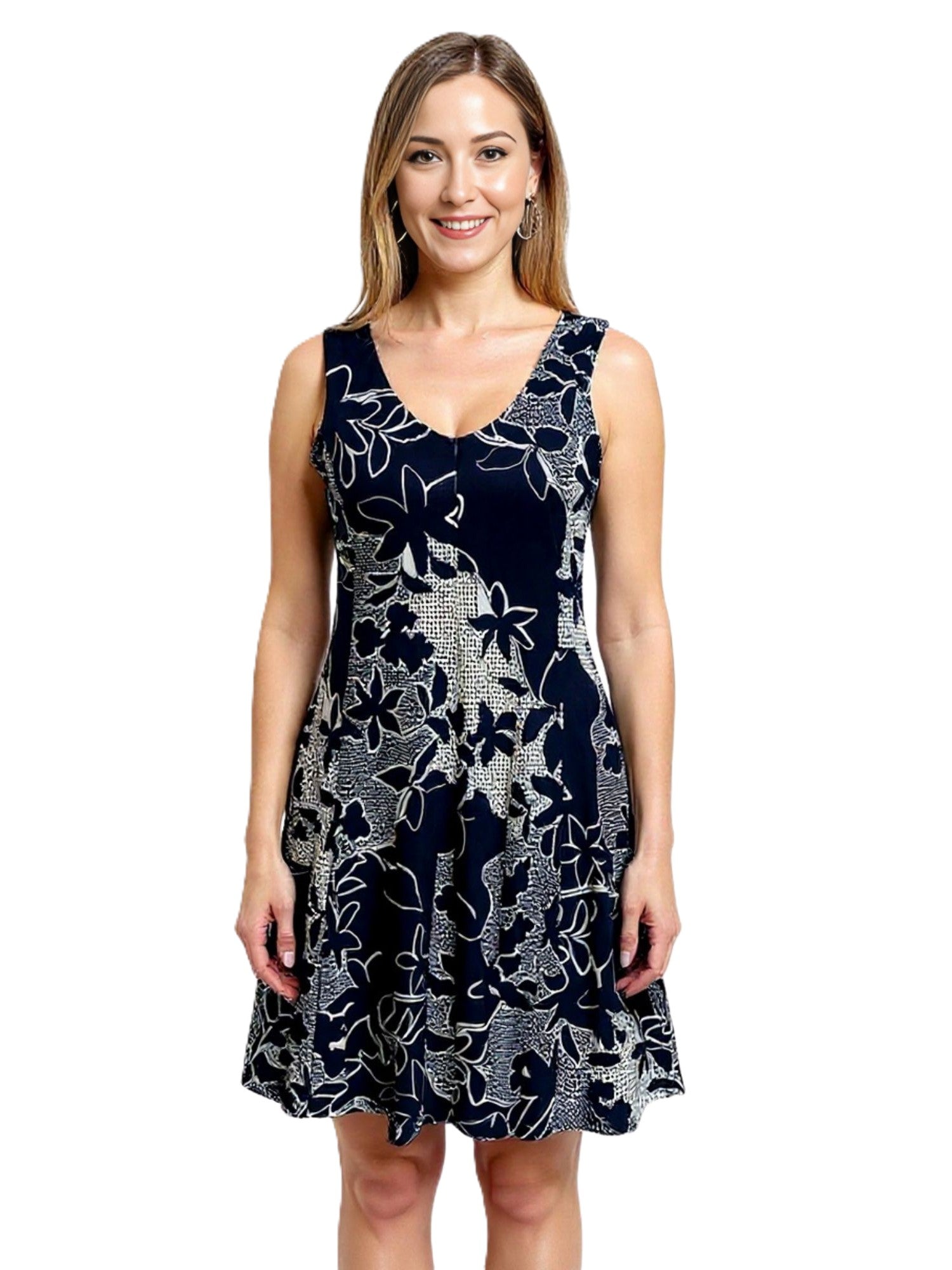 Creation Karla Sleeveless Floral V-Neck Dress by Creations features navy blue fabric with white floral patterns and a flowy silhouette.