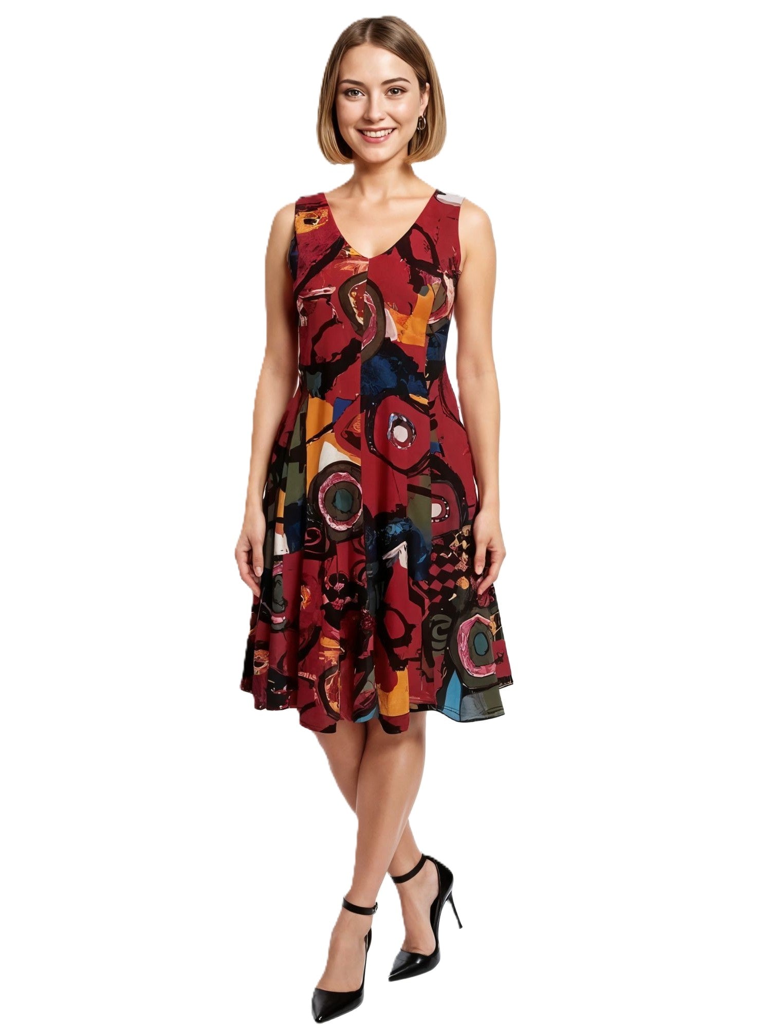 Creation Karla Sleeveless Floral V-Neck Dress by Creations in red with multicolor abstract floral print and black heels