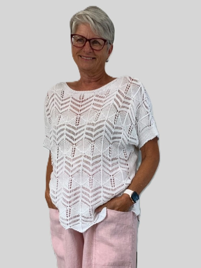 Lightweight white Crochet Popover Short Sleeve Oversized Knit Top by Plum Loco with geometric open knit pattern.