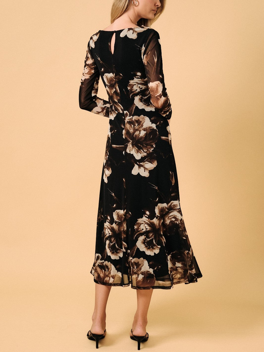 Floral Mesh Ruched Midi Dress