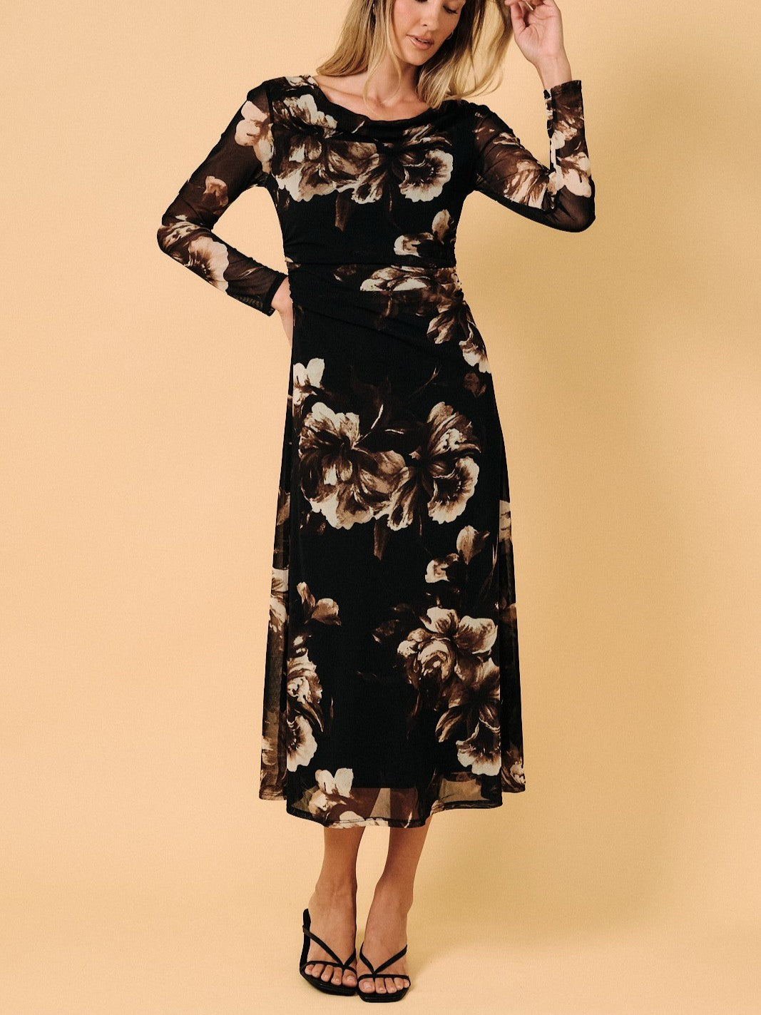 Floral Mesh Ruched Midi Dress