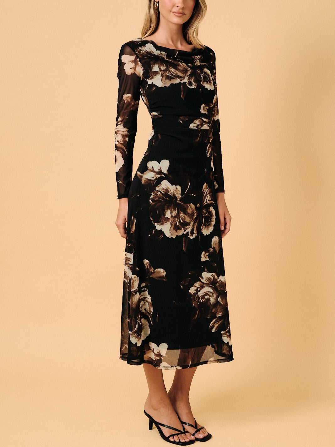 Floral Mesh Ruched Midi Dress