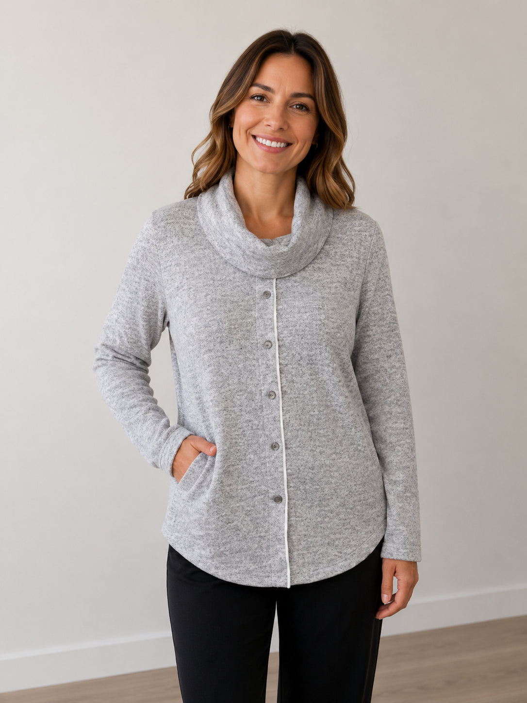 Button Front Mélange Cowl Neck Top