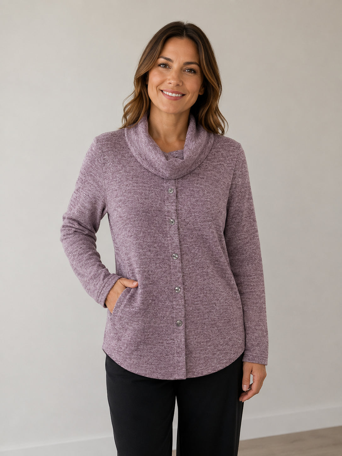 Button Front Mélange Cowl Neck Top