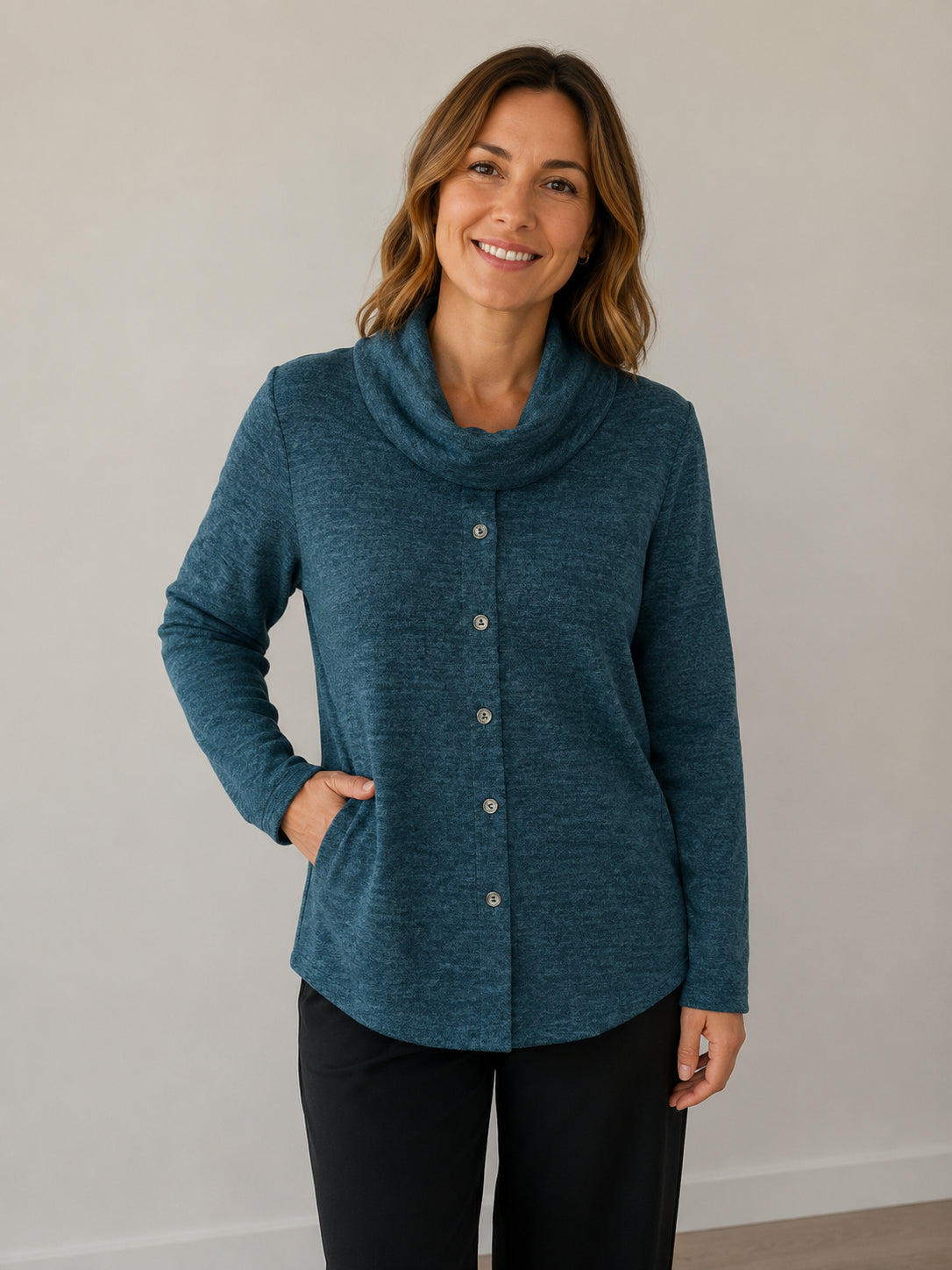 Button Front Mélange Cowl Neck Top