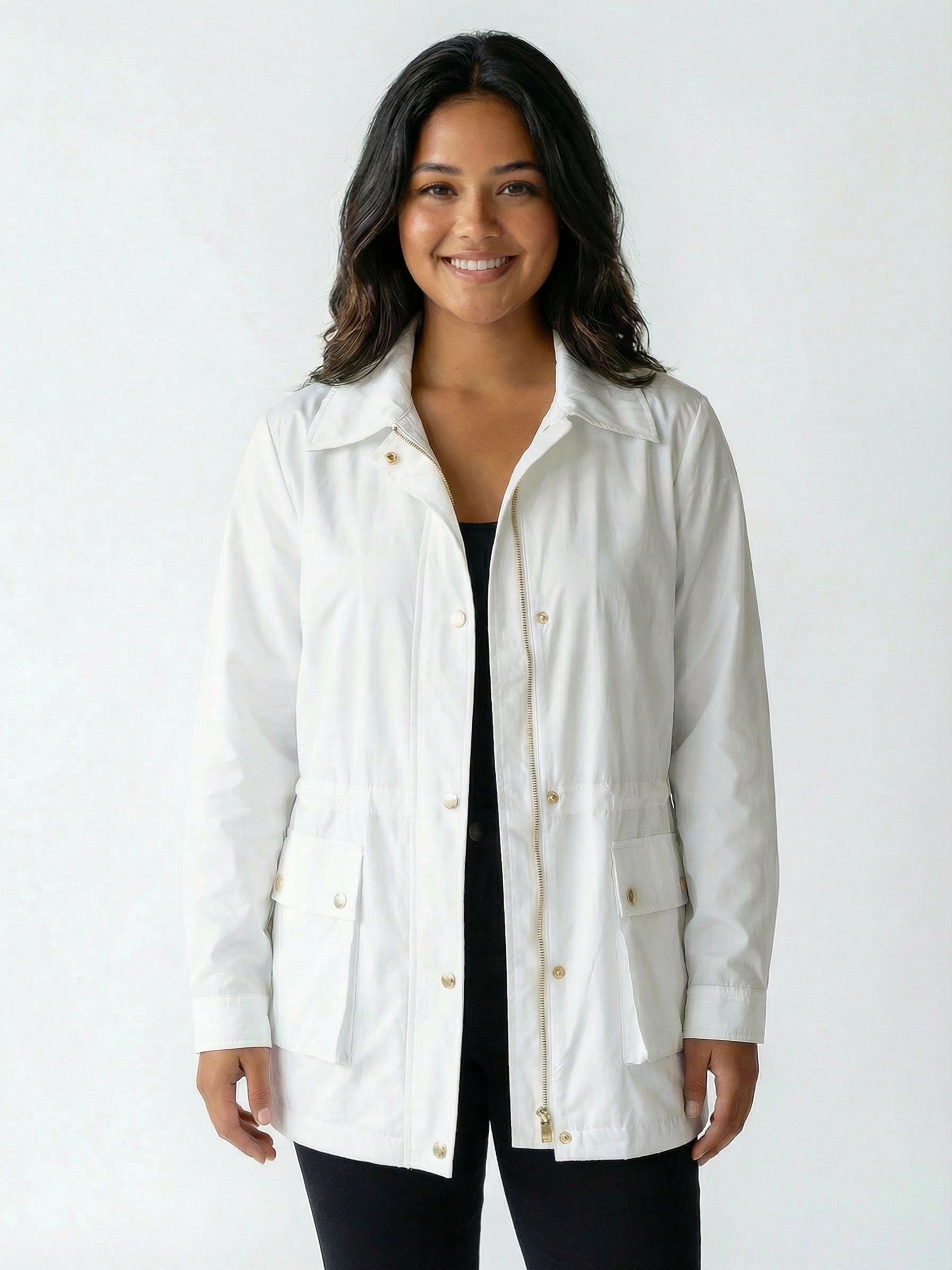 White Creation Lightweight Zip Front Cargo Jacket by Creations with front flap pockets and collar, styled over black top.