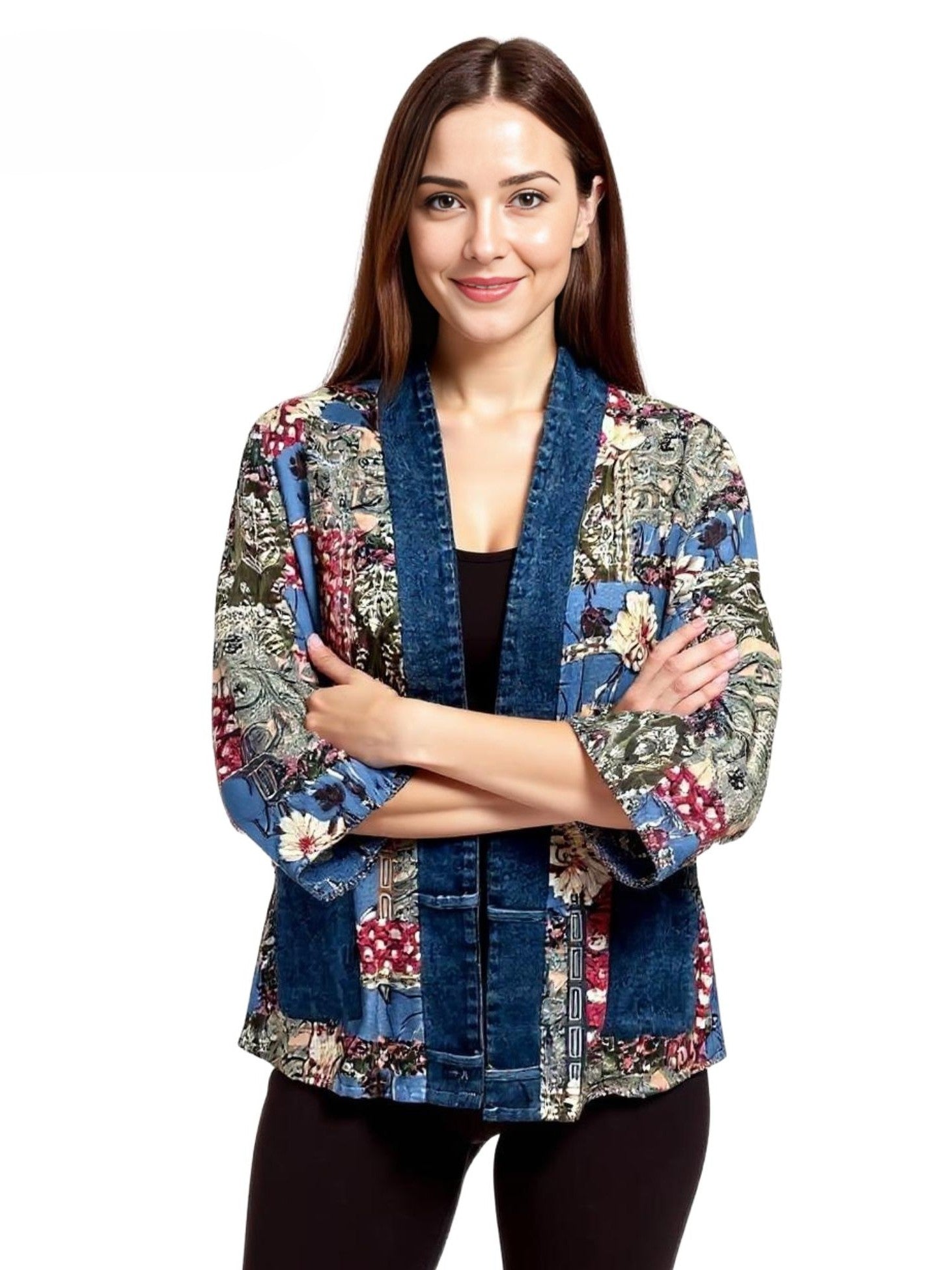 Creation Leah Denim Mix Open Front Cardigan