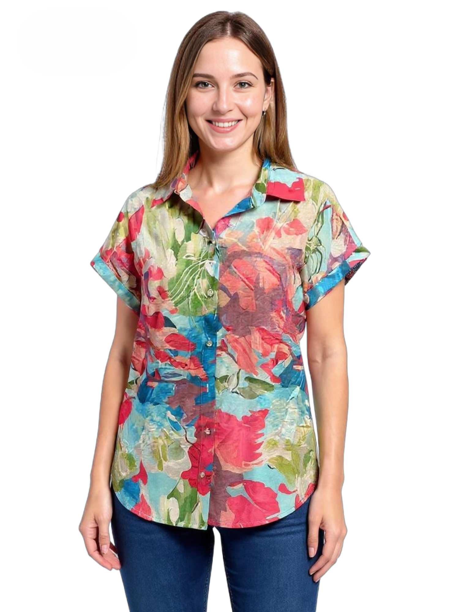 Creation Floral Short Sleeve Button-Up Shirt by Creations with vibrant multicolor floral pattern and classic collar design