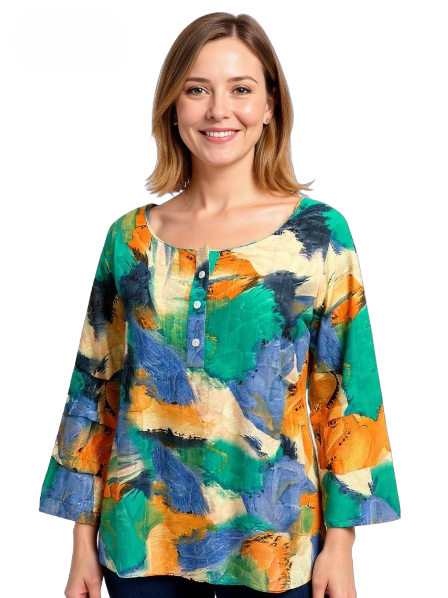 Creation Watercolor 3 Button Shirt by Creations in vibrant green, blue, orange abstract watercolor print top.